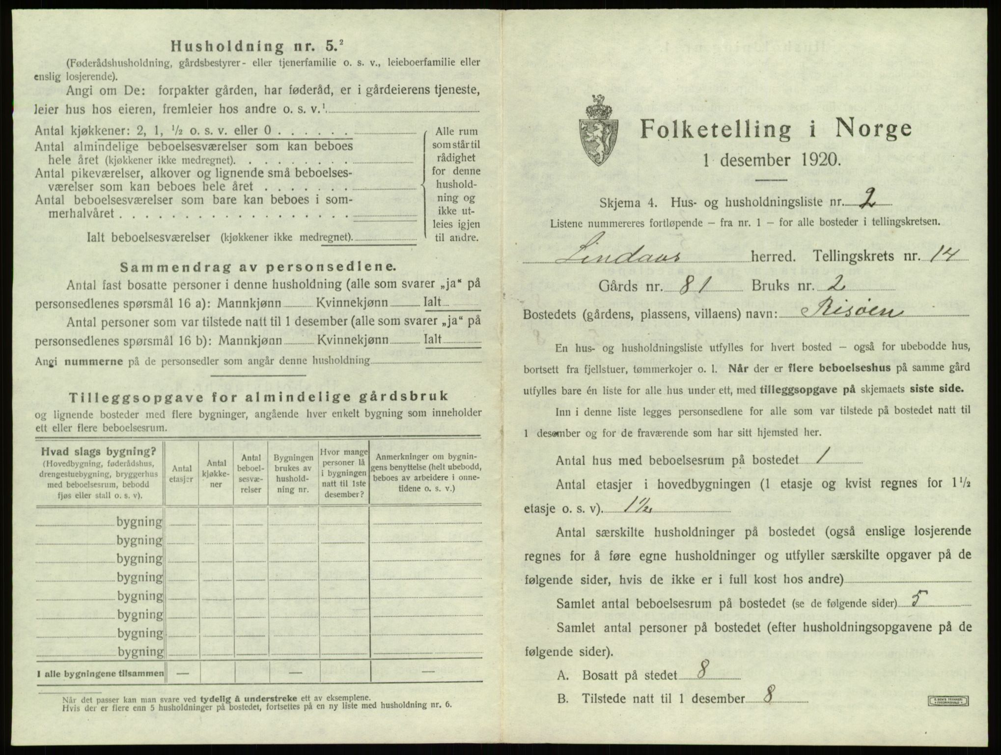 SAB, 1920 census for Lindås, 1920, p. 950