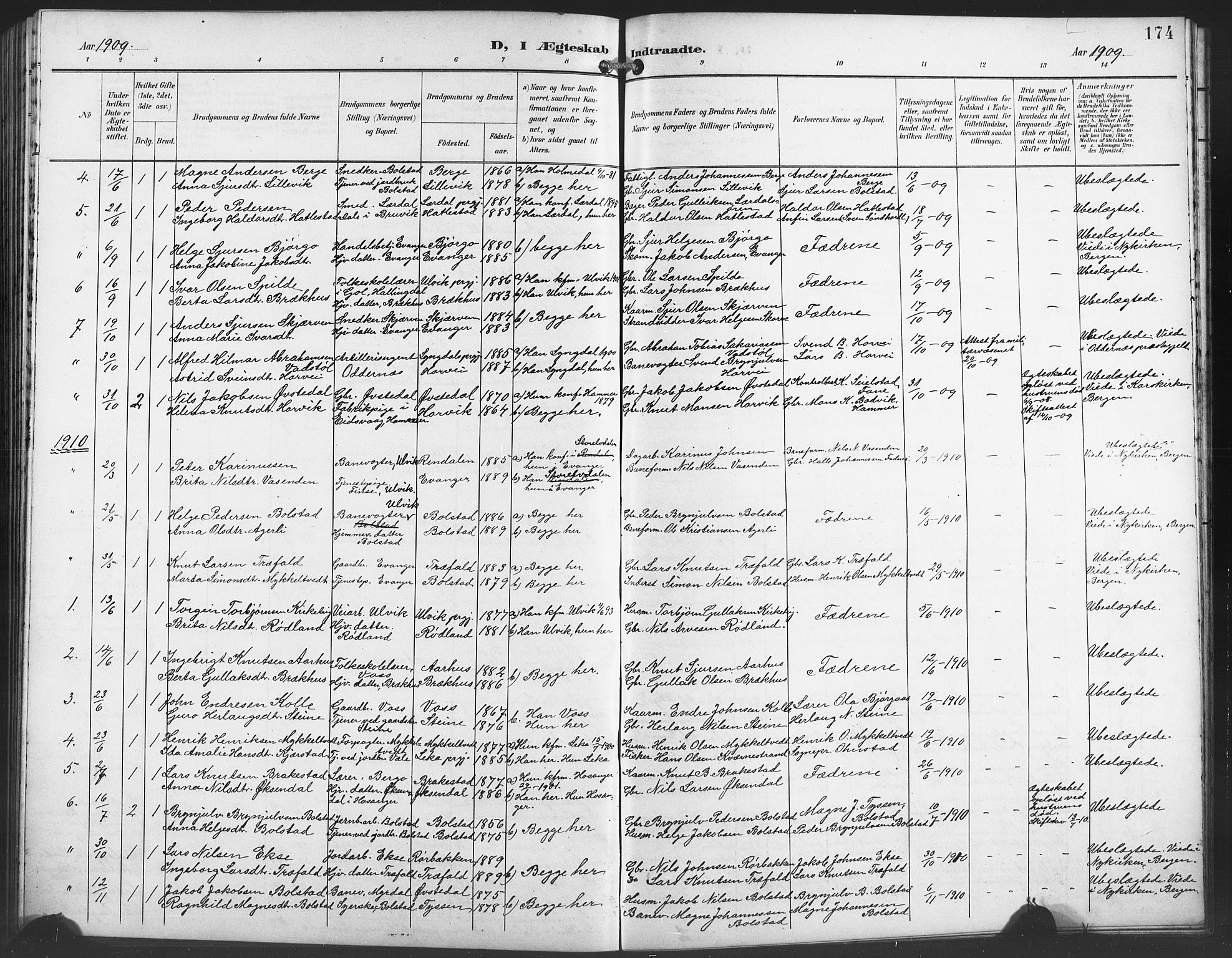 Evanger sokneprestembete, SAB/A-99924: Parish register (copy) no. A 5, 1897-1917, p. 174