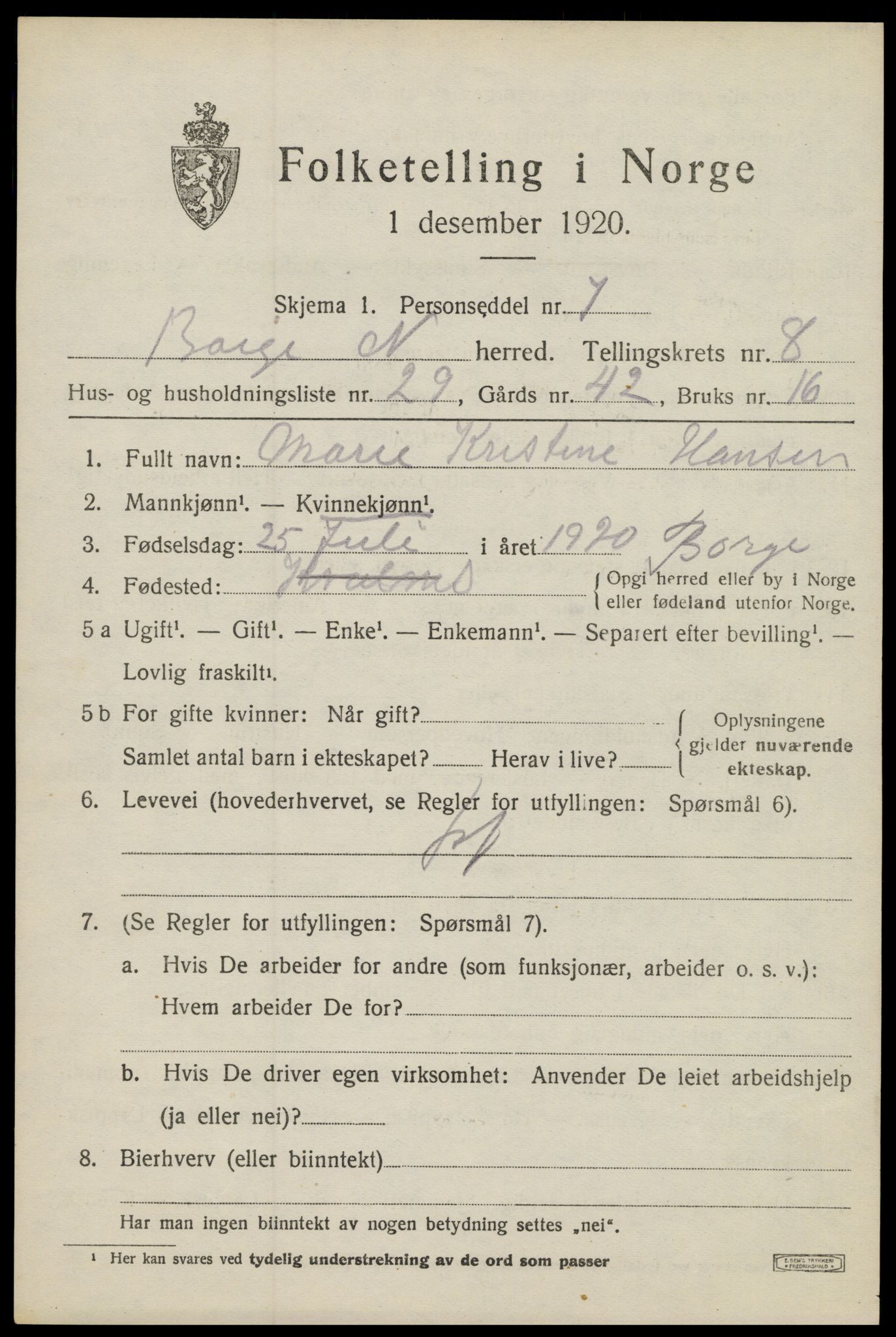 SAT, 1920 census for Borge, 1920, p. 7593