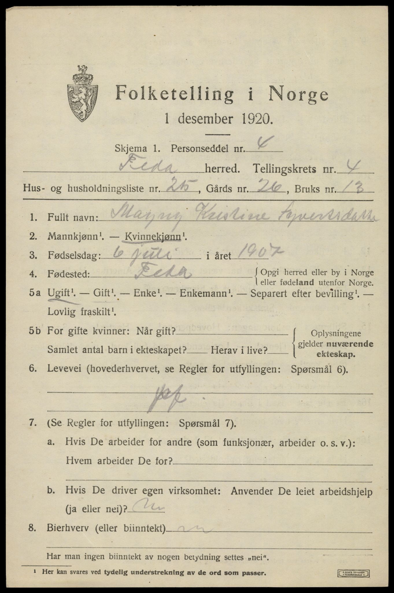 SAK, 1920 census for Feda, 1920, p. 2037