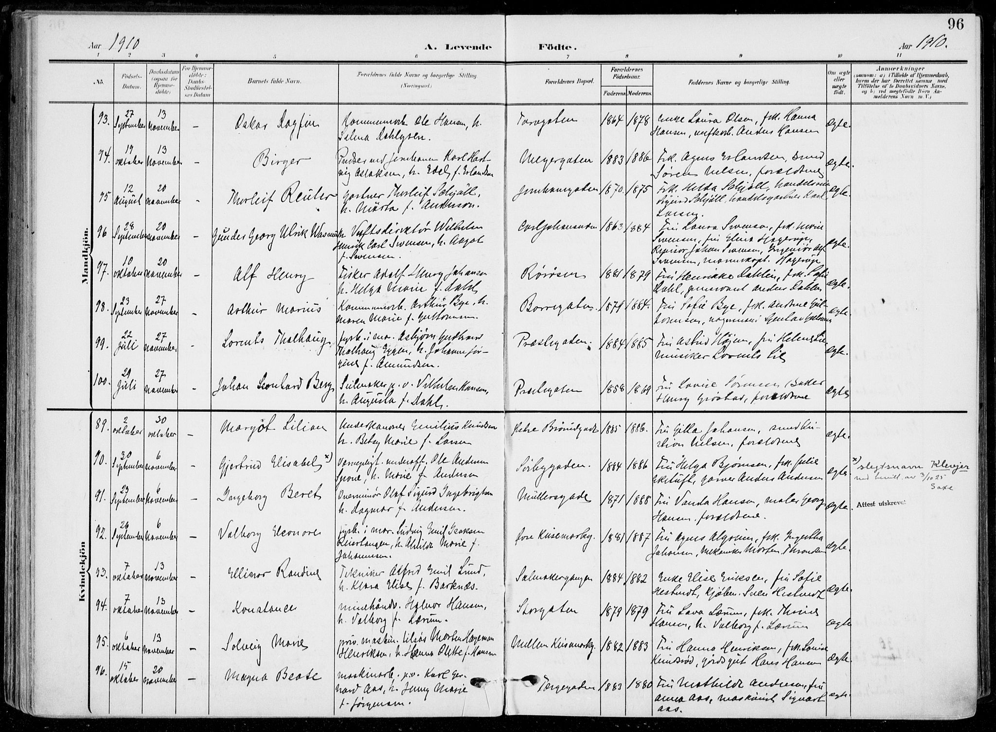 Horten kirkebøker, AV/SAKO-A-348/F/Fa/L0006: Parish register (official) no. 6, 1905-1912, p. 96