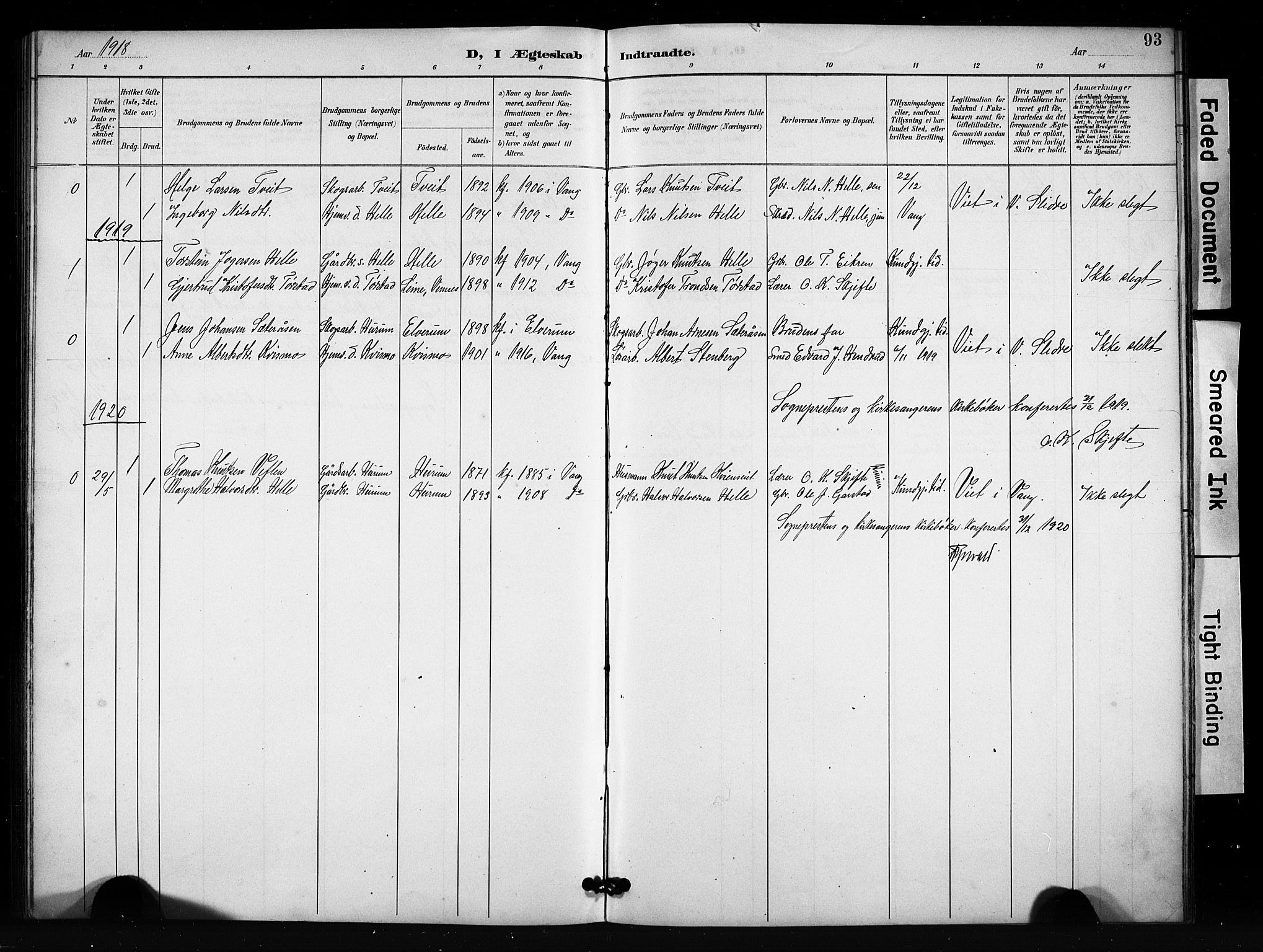 Vang prestekontor, Valdres, SAH/PREST-140/H/Hb/L0007: Parish register (copy) no. 7, 1893-1924, p. 93