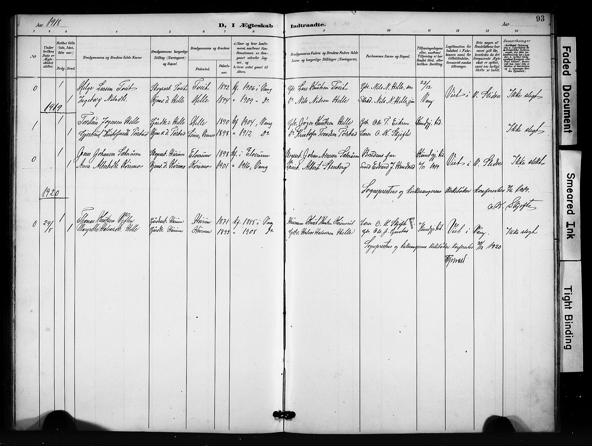 Vang prestekontor, Valdres, AV/SAH-PREST-140/H/Hb/L0007: Parish register (copy) no. 7, 1893-1924, p. 93