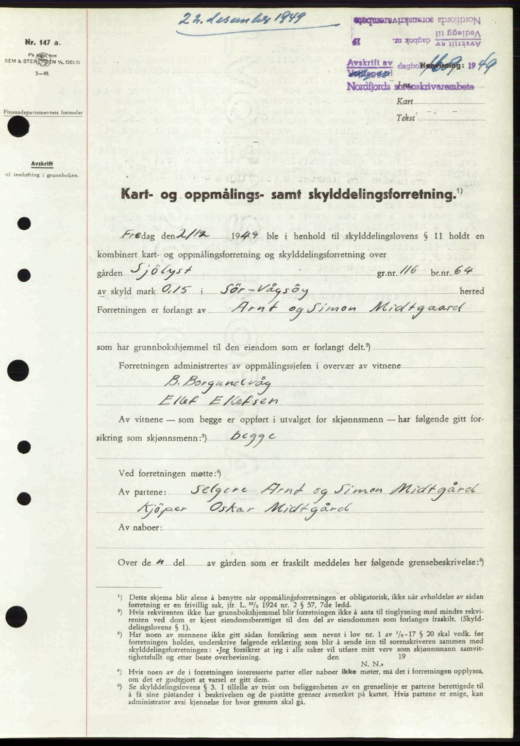 Nordfjord sorenskriveri, SAB/A-2801/02/02b/02bj/L0016a: Mortgage book no. A16 I, 1949-1950, Diary no: : 1609/1949