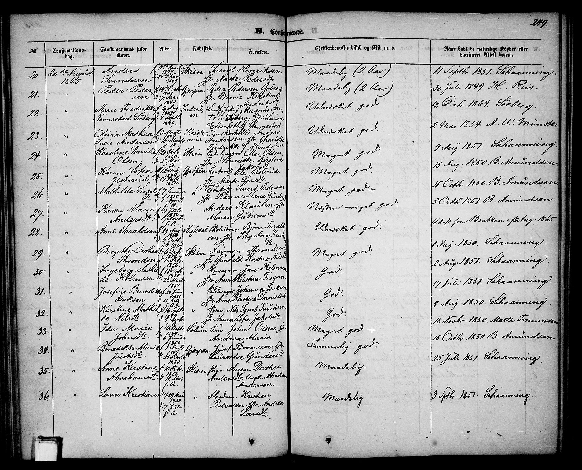 Skien kirkebøker, SAKO/A-302/G/Ga/L0004: Parish register (copy) no. 4, 1843-1867, p. 249