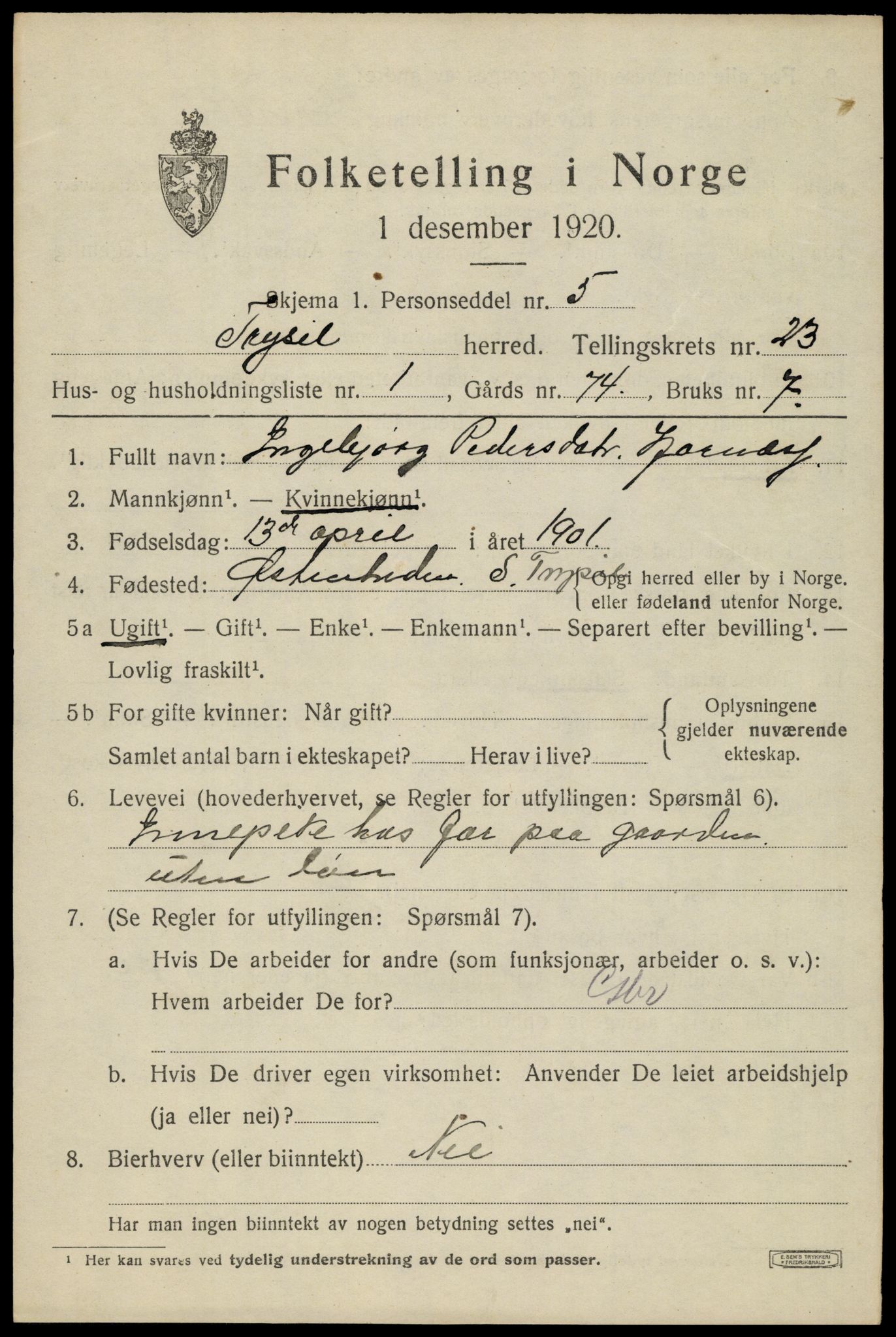 SAH, 1920 census for Trysil, 1920, p. 14855
