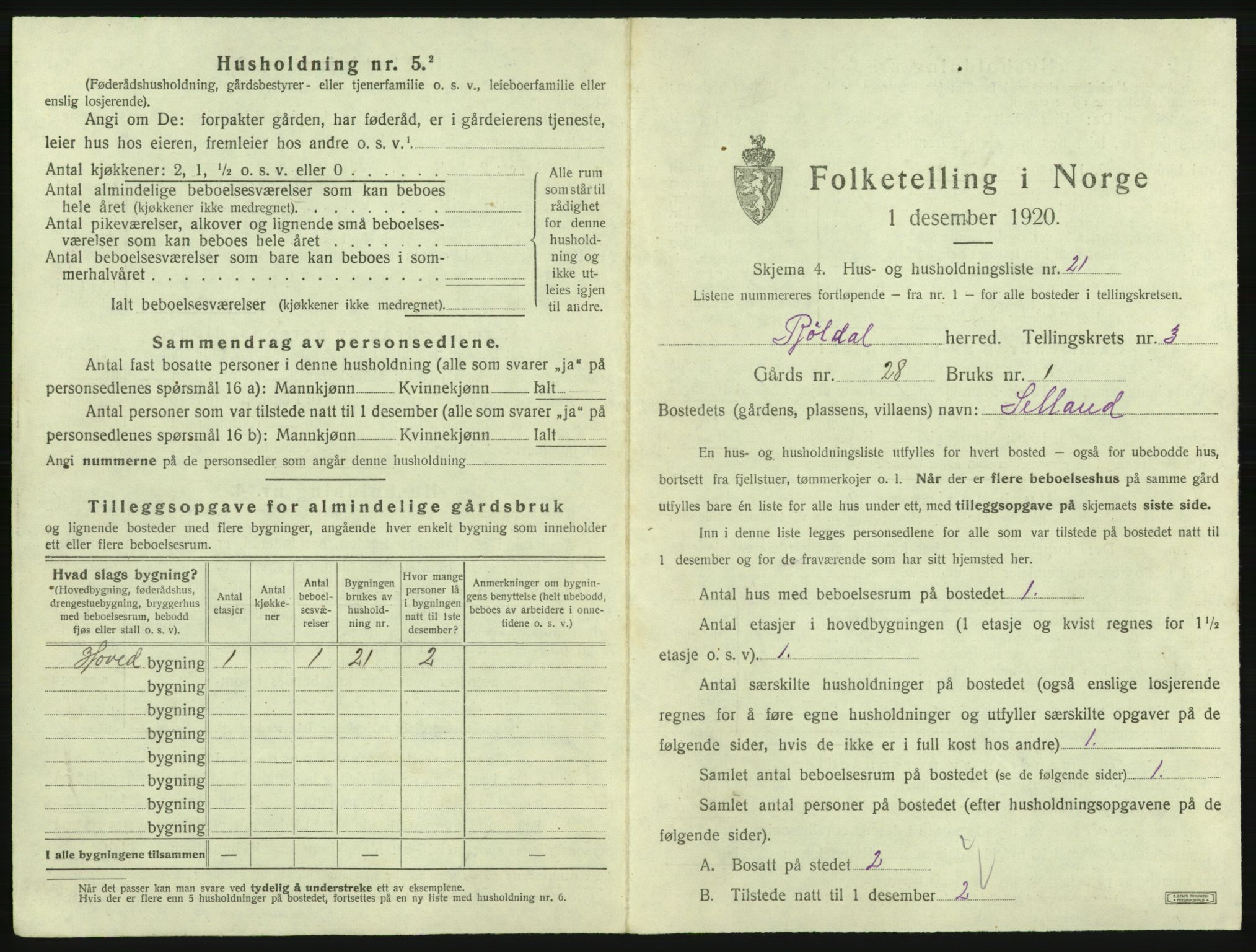 SAB, 1920 census for Røldal, 1920, p. 321