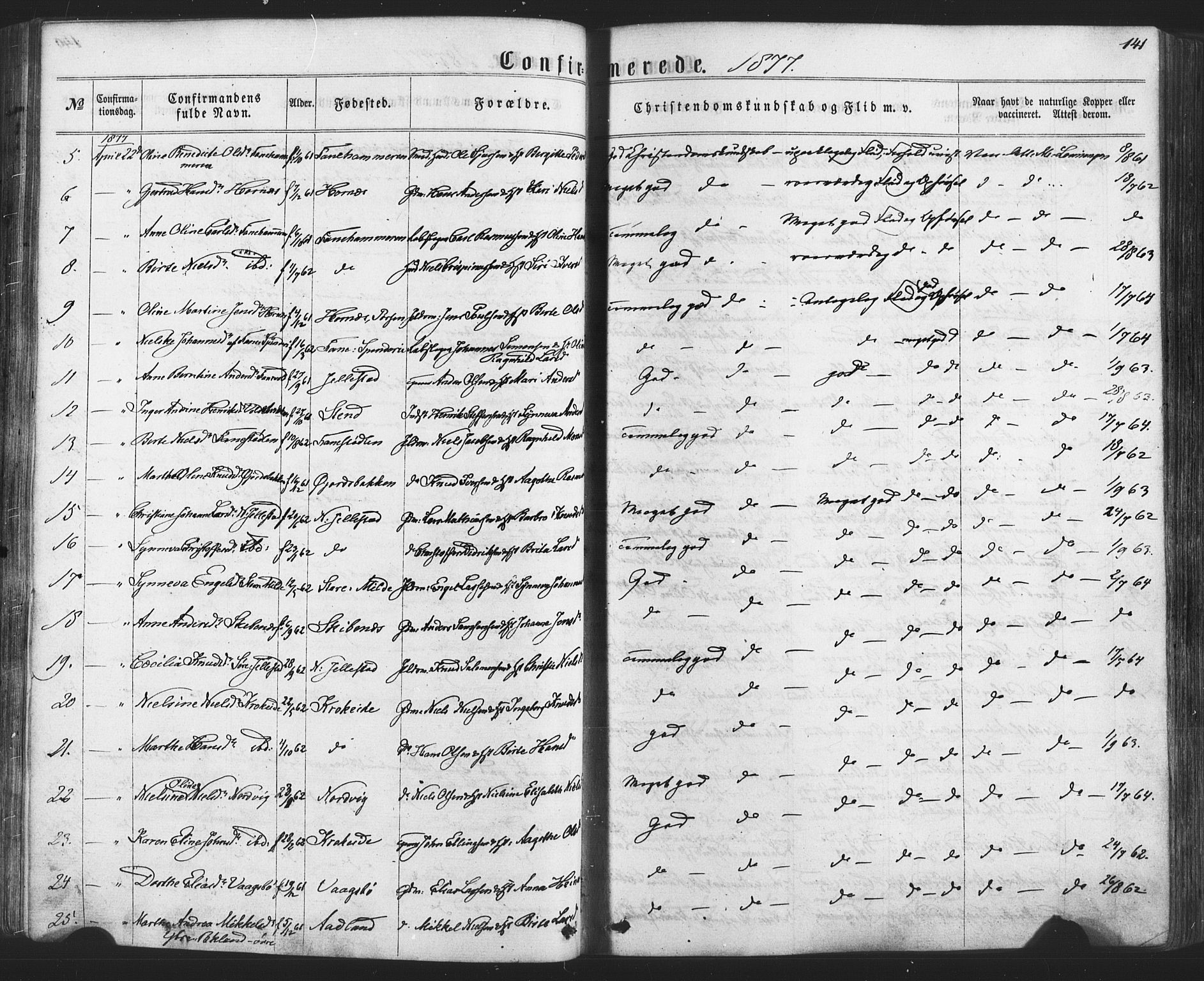 Fana Sokneprestembete, AV/SAB-A-75101/H/Haa/Haaa/L0012: Parish register (official) no. A 12, 1862-1878, p. 141