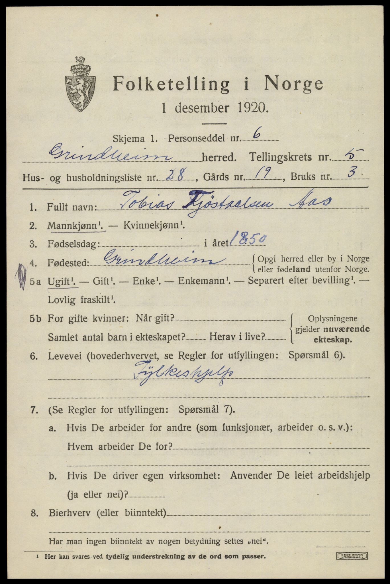 SAK, 1920 census for Grindheim, 1920, p. 1849