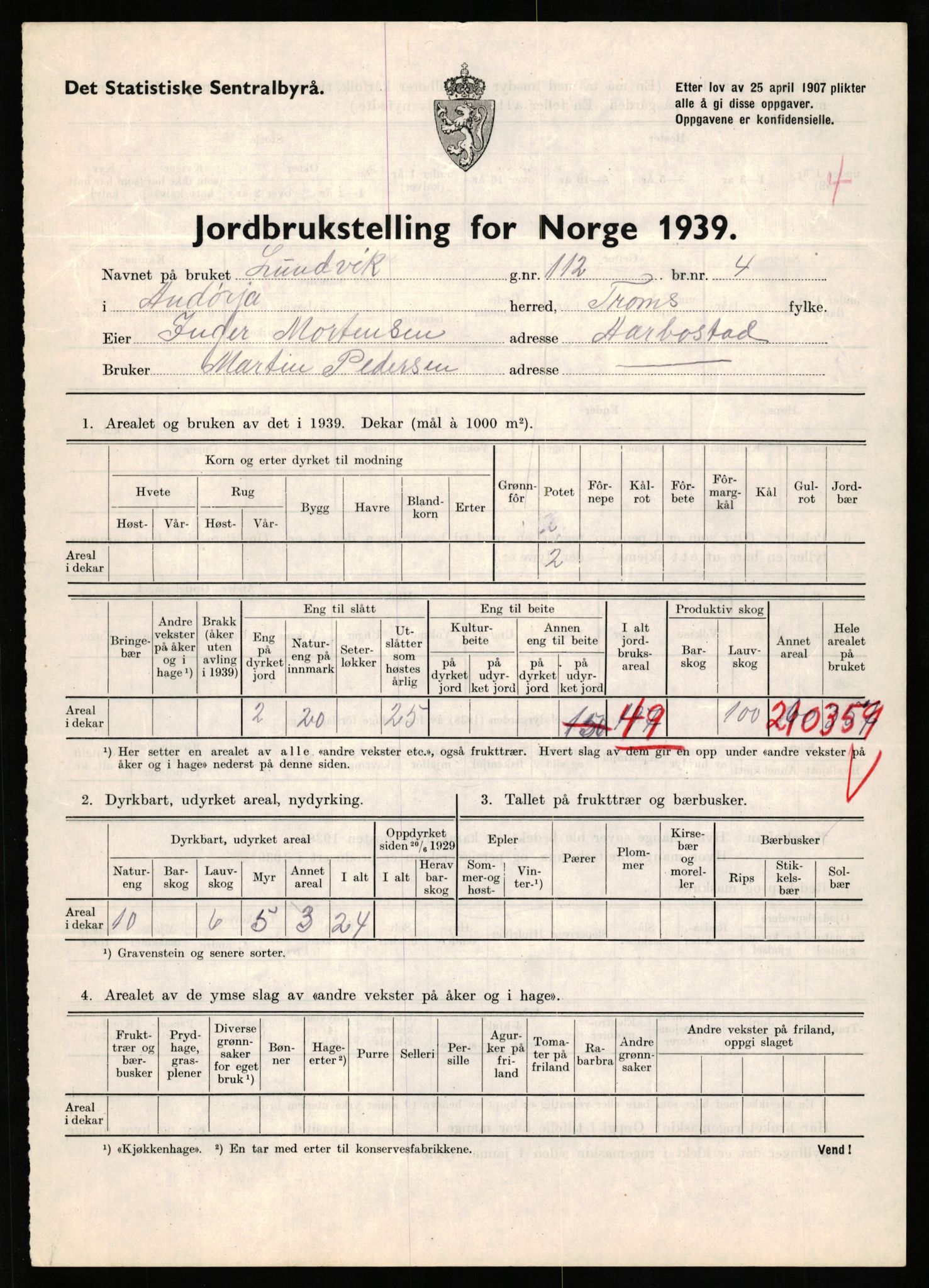 Statistisk sentralbyrå, Næringsøkonomiske emner, Jordbruk, skogbruk, jakt, fiske og fangst, AV/RA-S-2234/G/Gb/L0339: Troms: Andørja, Astafjord og Lavangen, 1939, p. 772