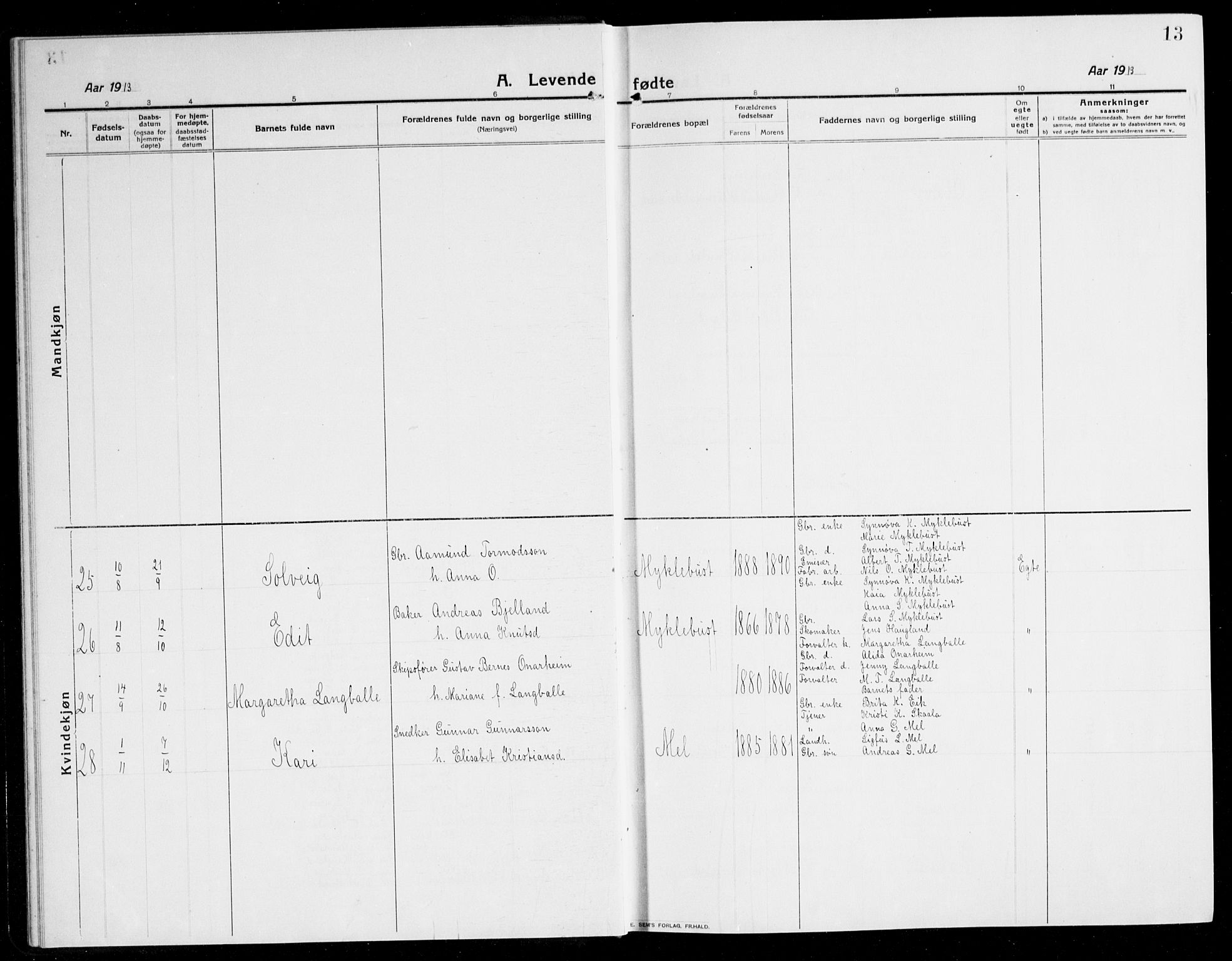 Kvinnherad sokneprestembete, SAB/A-76401/H/Hab: Parish register (copy) no. A 3, 1911-1945, p. 13