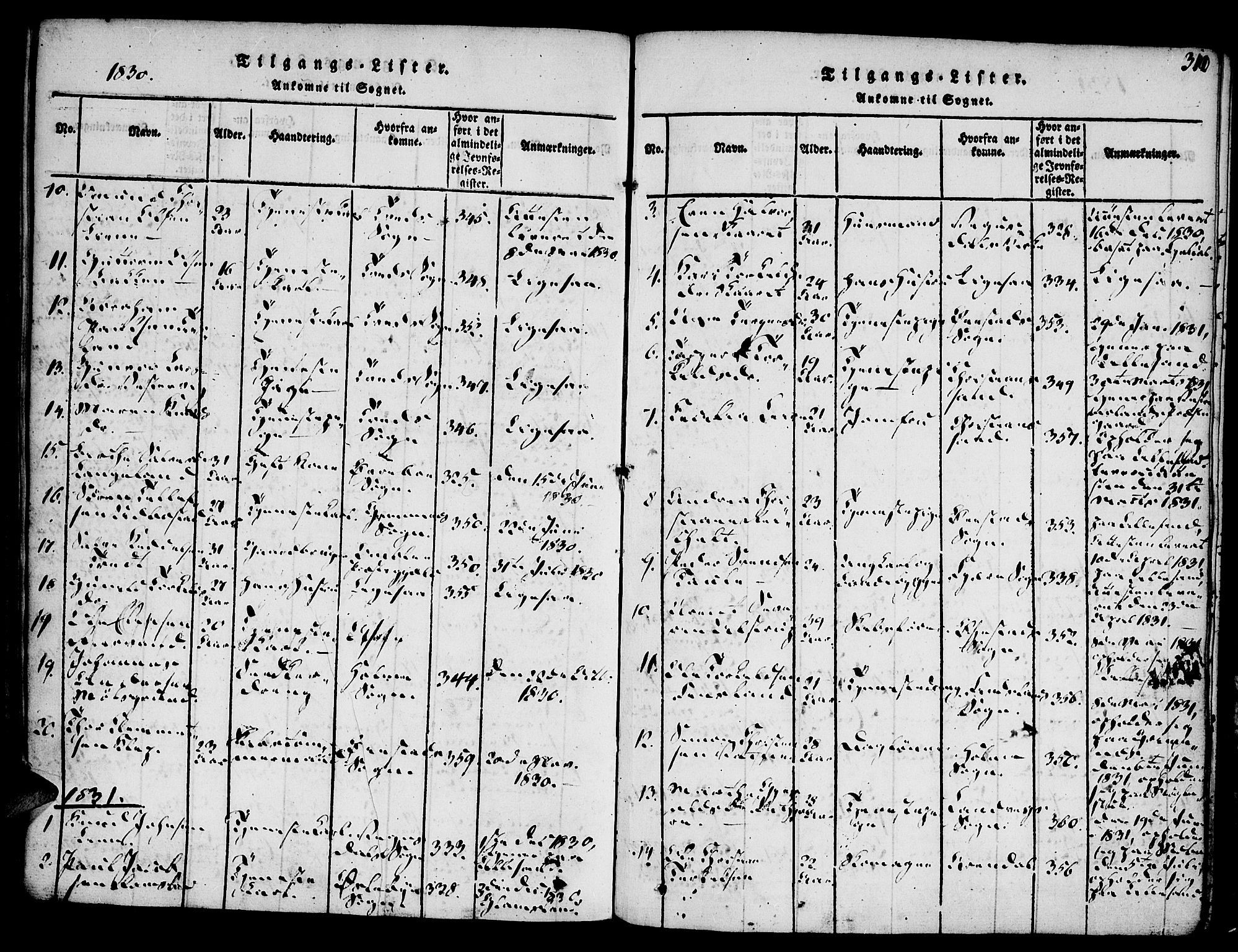 Vestre Moland sokneprestkontor, SAK/1111-0046/F/Fa/Fab/L0003: Parish register (official) no. A 3, 1816-1843, p. 310