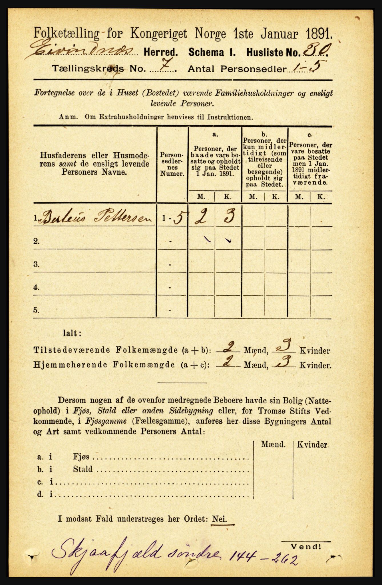 RA, 1891 census for 1853 Evenes, 1891, p. 2151