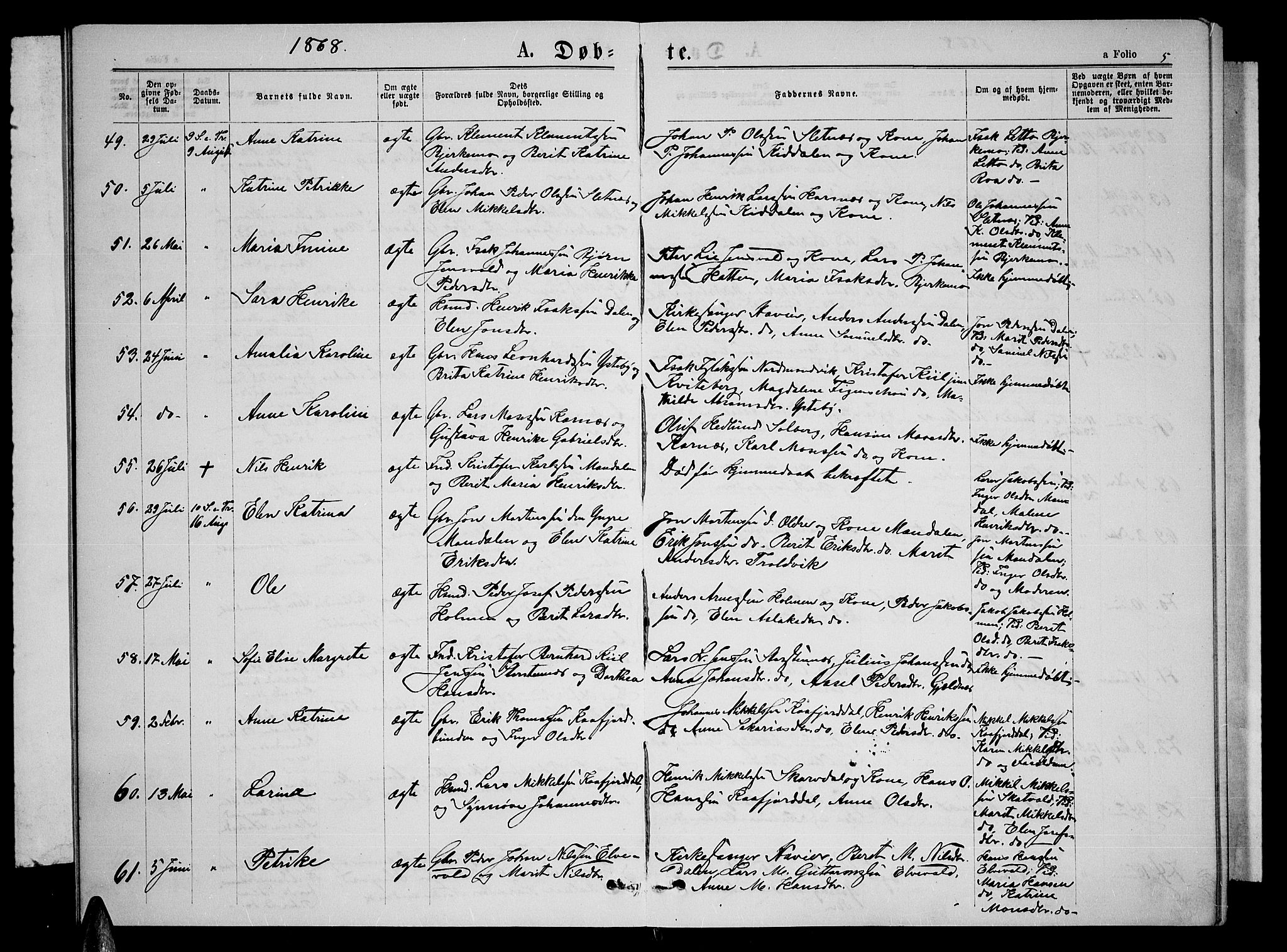 Lyngen sokneprestembete, AV/SATØ-S-1289/H/He/Heb/L0004klokker: Parish register (copy) no. 4, 1868-1878, p. 5