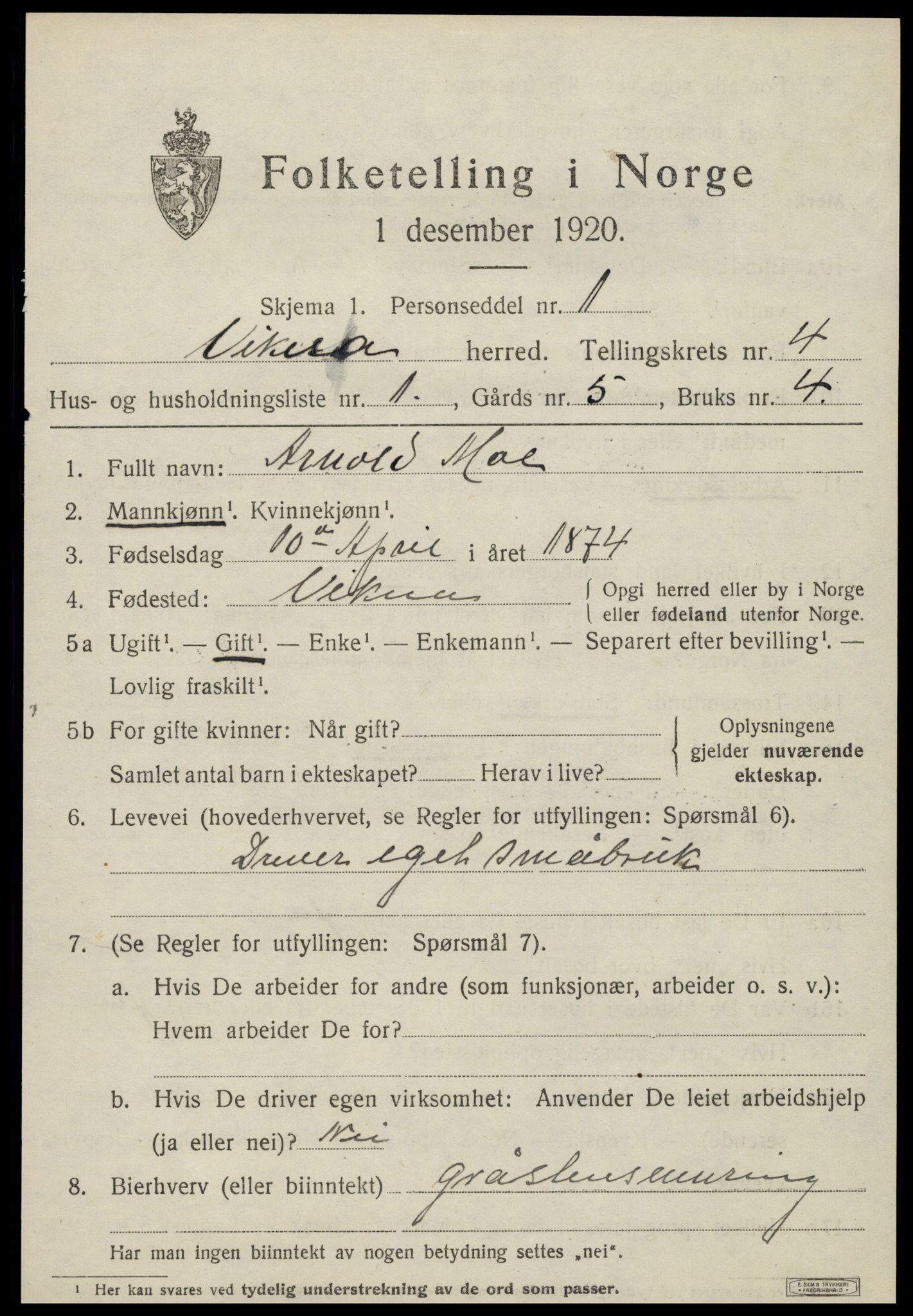 SAT, 1920 census for Vikna, 1920, p. 4137