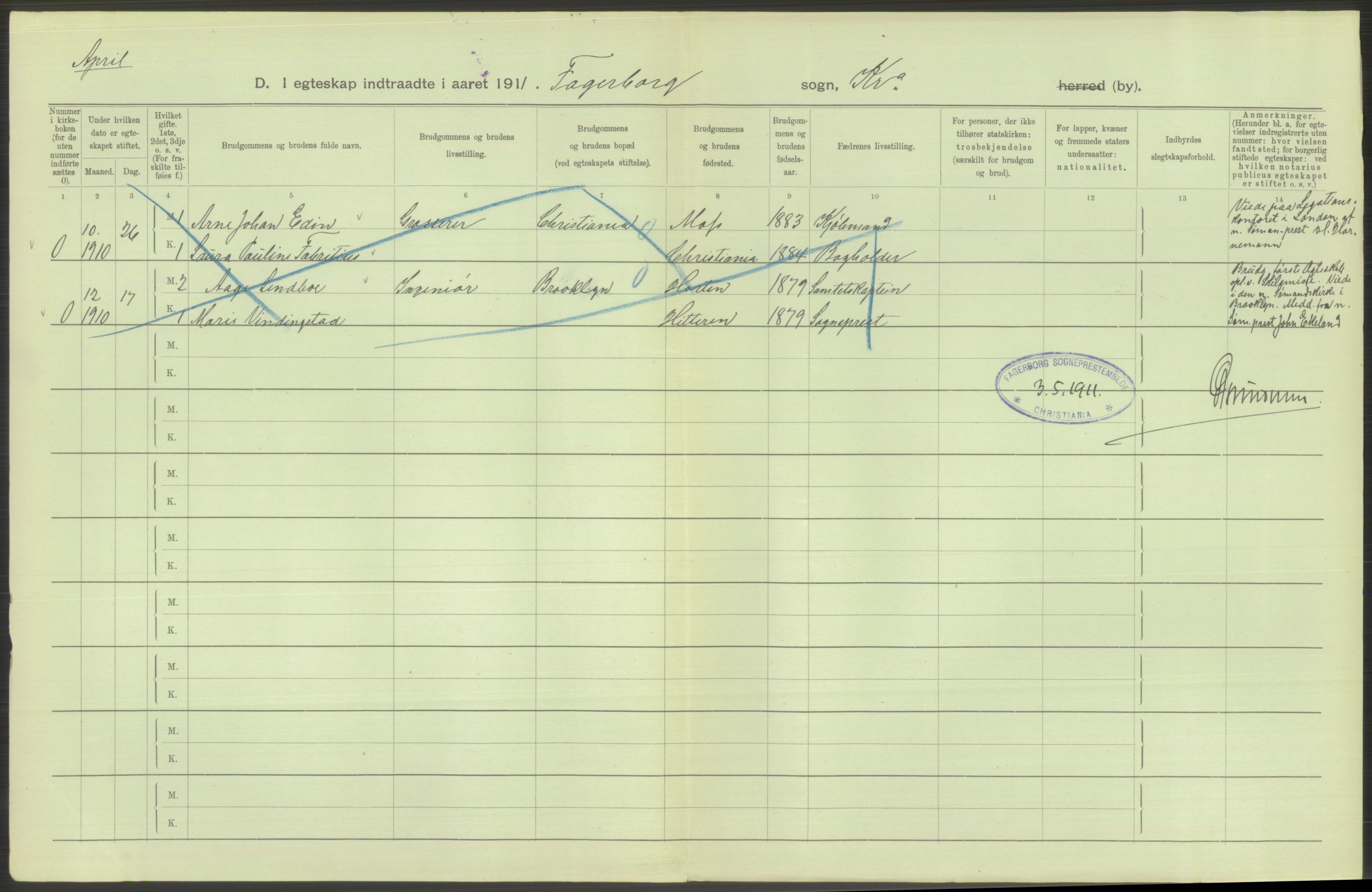 Statistisk sentralbyrå, Sosiodemografiske emner, Befolkning, AV/RA-S-2228/D/Df/Dfb/Dfba/L0008: Kristiania: Gifte, 1911, p. 366