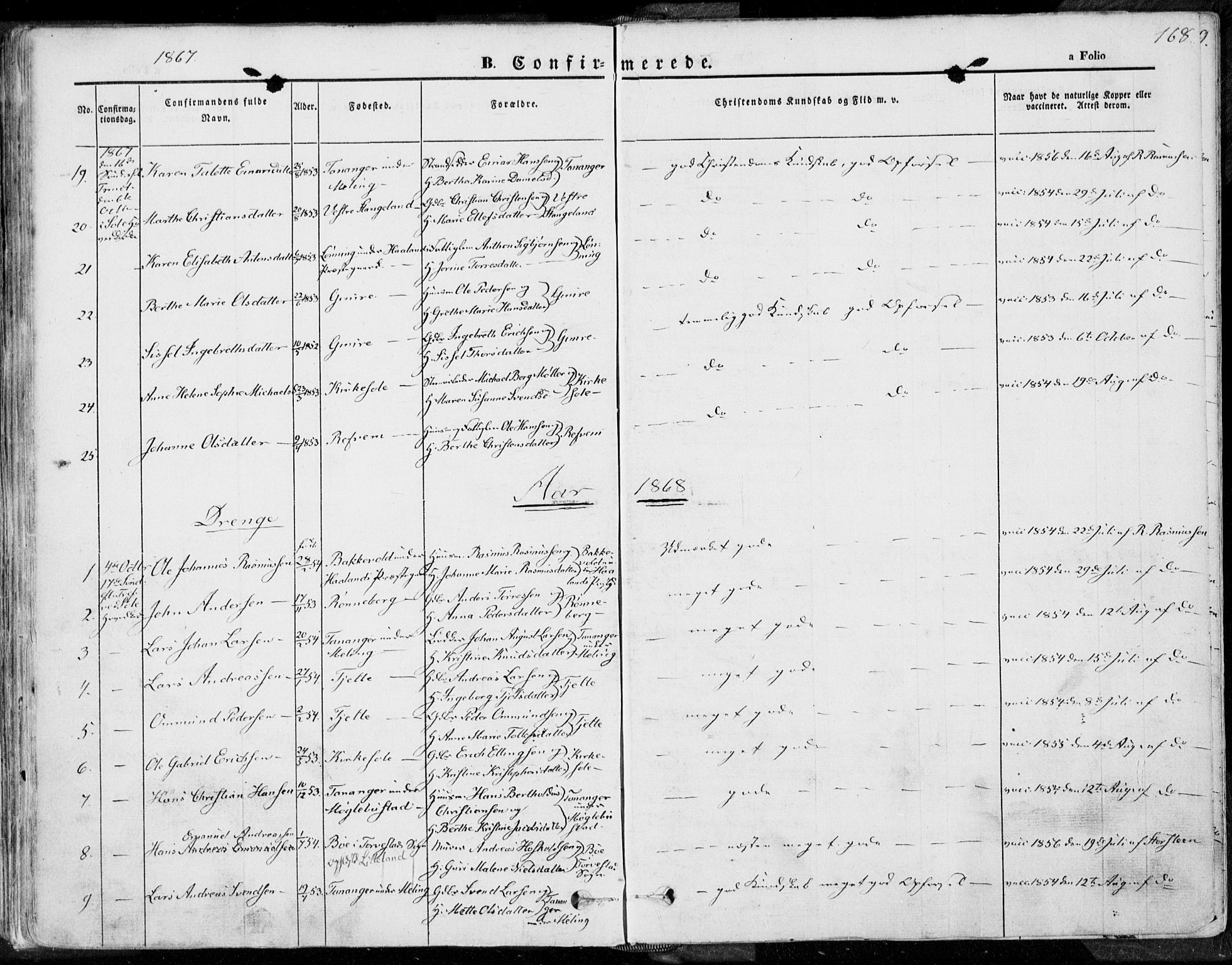 Håland sokneprestkontor, SAST/A-101802/001/30BA/L0007: Parish register (official) no. A 7.1, 1854-1870, p. 168