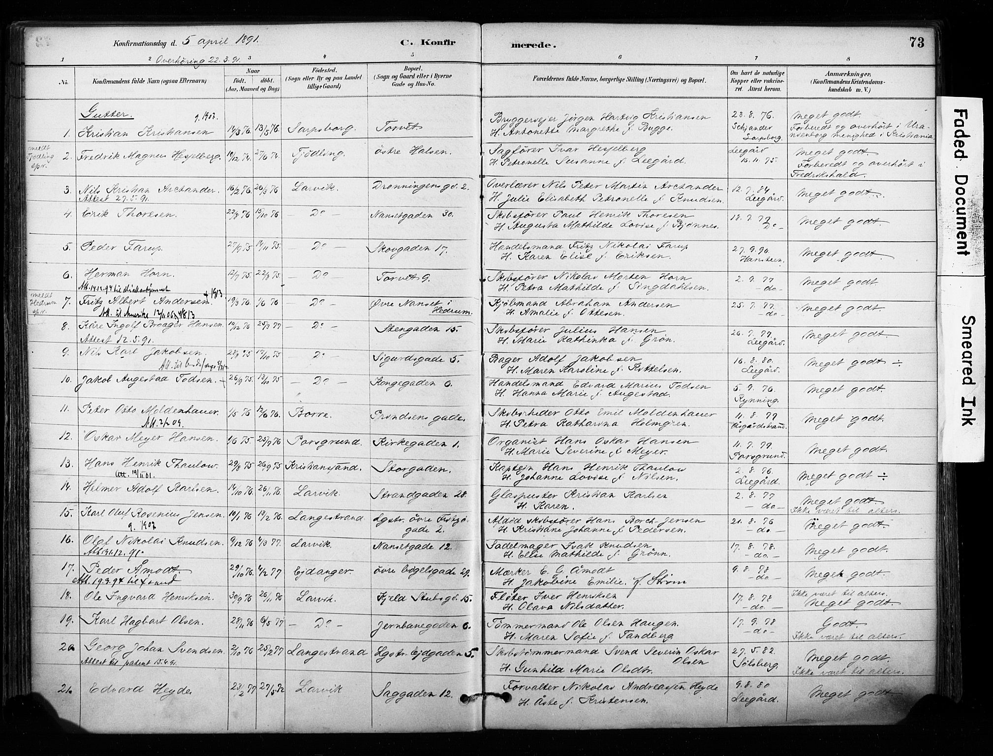 Larvik kirkebøker, AV/SAKO-A-352/F/Fa/L0008: Parish register (official) no. I 8, 1884-1902, p. 73