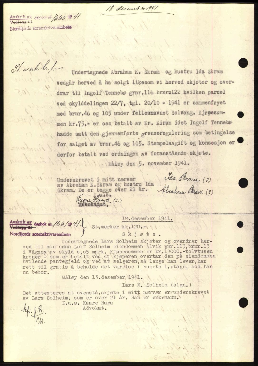 Nordfjord sorenskriveri, SAB/A-2801/02/02b/02bj/L0007: Mortgage book no. A7, 1941-1943, Diary no: : 1660/1941