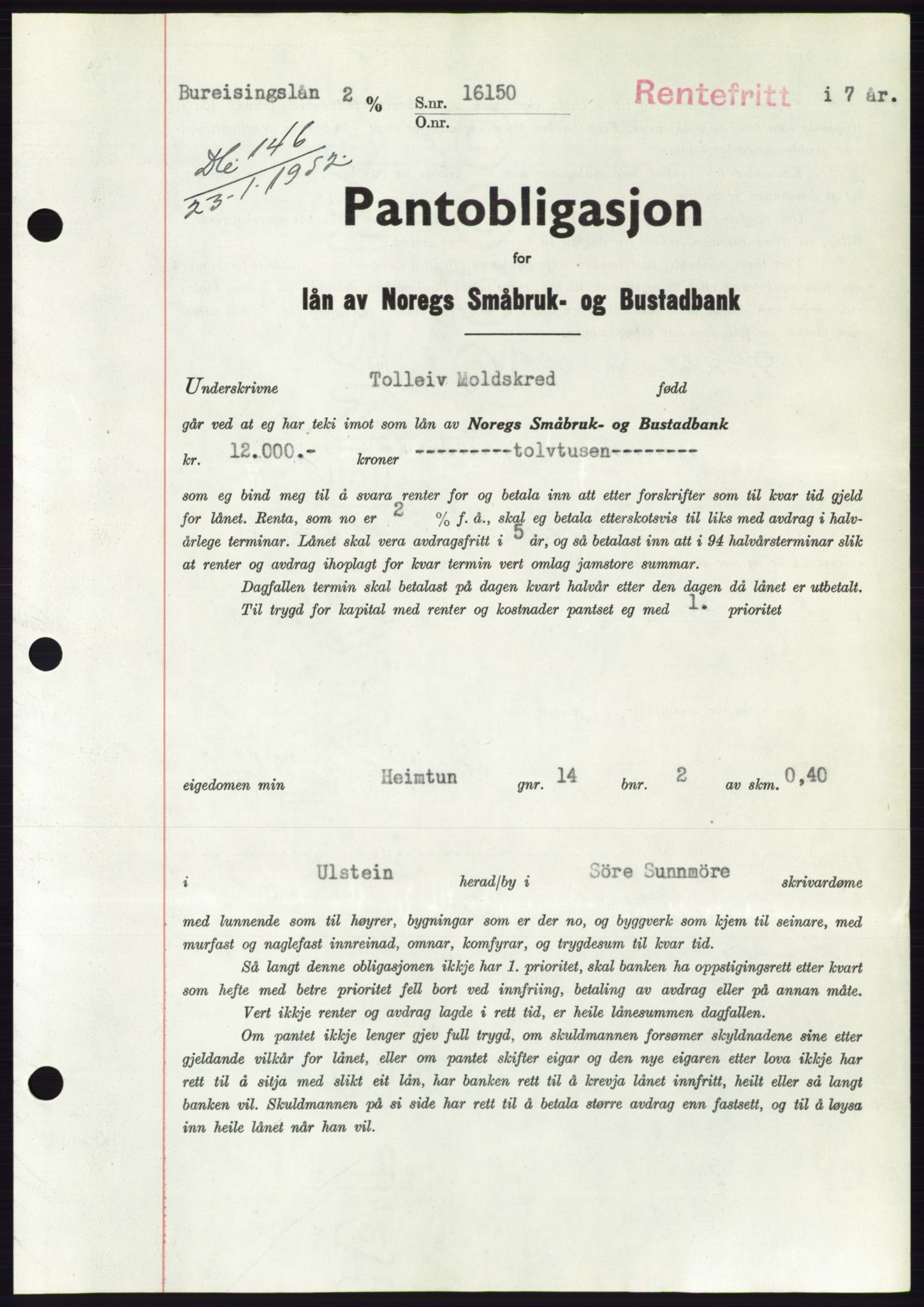 Søre Sunnmøre sorenskriveri, AV/SAT-A-4122/1/2/2C/L0121: Mortgage book no. 9B, 1951-1952, Diary no: : 146/1952