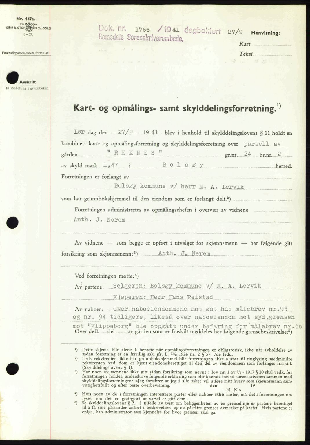 Romsdal sorenskriveri, AV/SAT-A-4149/1/2/2C: Mortgage book no. A10, 1941-1941, Diary no: : 1766/1941