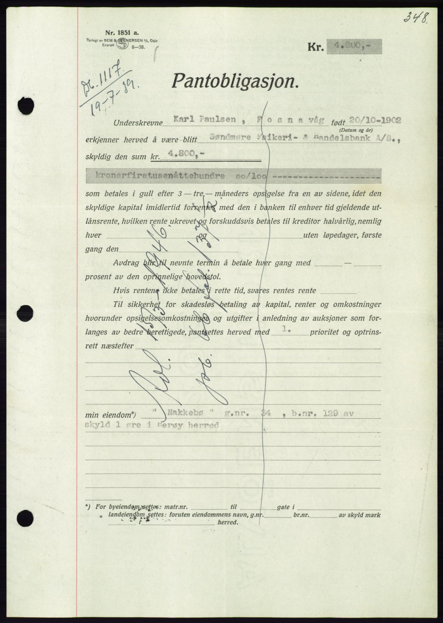 Søre Sunnmøre sorenskriveri, AV/SAT-A-4122/1/2/2C/L0068: Mortgage book no. 62, 1939-1939, Diary no: : 1117/1939