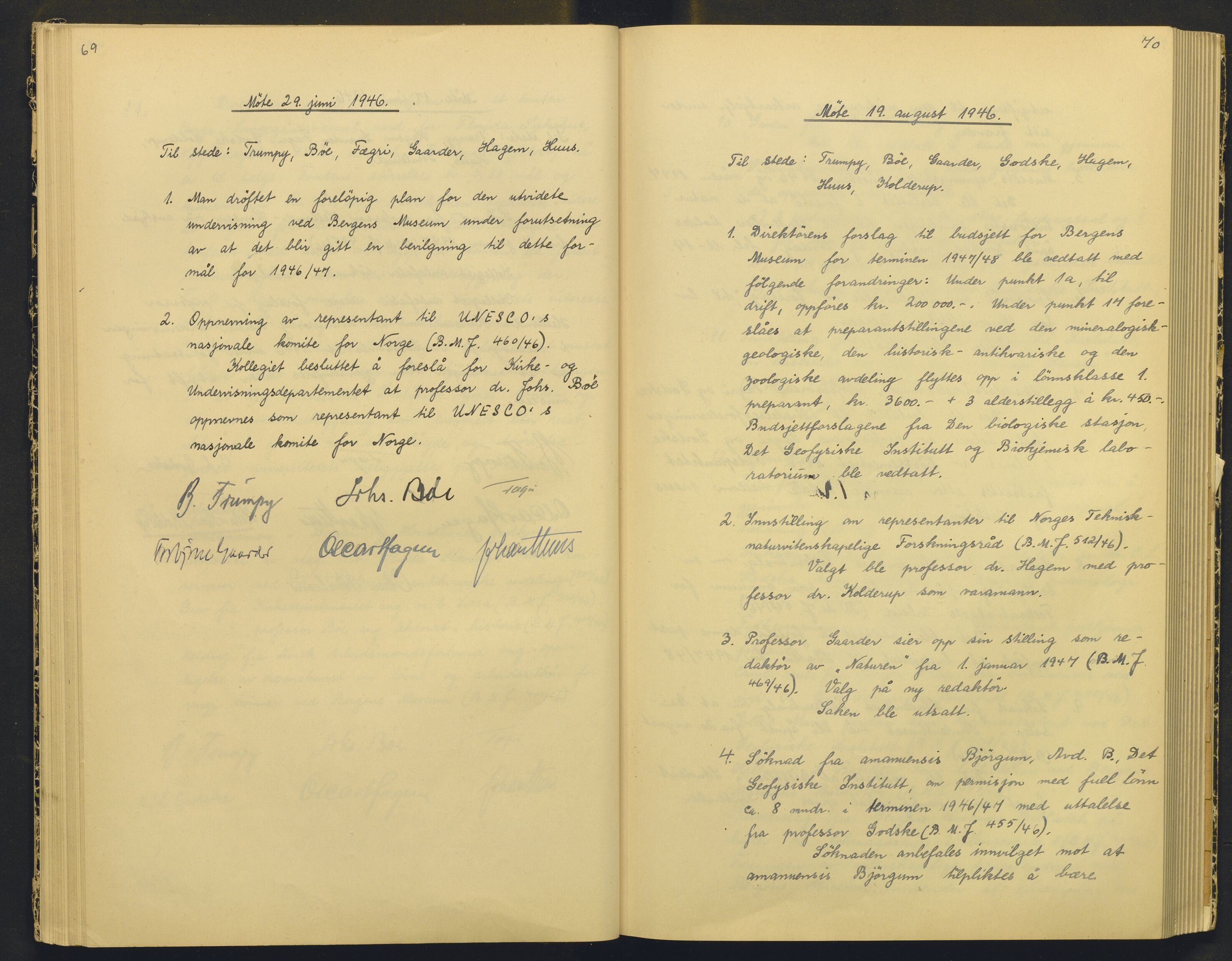 Bergens Museum, AV/SAB-A-17301/18/A/L0004: Professorkollegiets møtebok med register , 1945-1949, p. 69-70