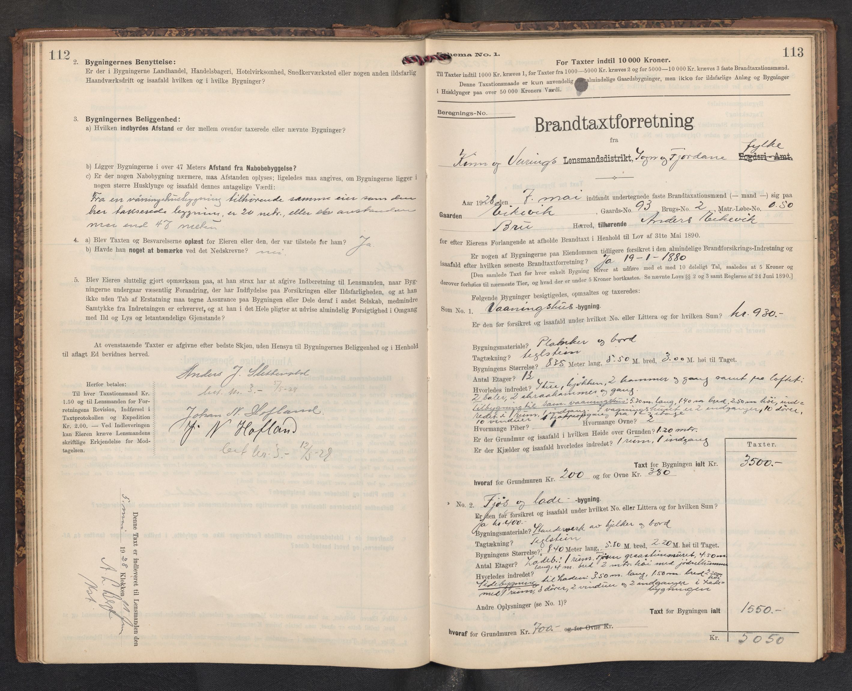 Lensmannen i Kinn, AV/SAB-A-28801/0012/L0005: Branntakstprotokoll, skjematakst, 1903-1938, p. 112-113