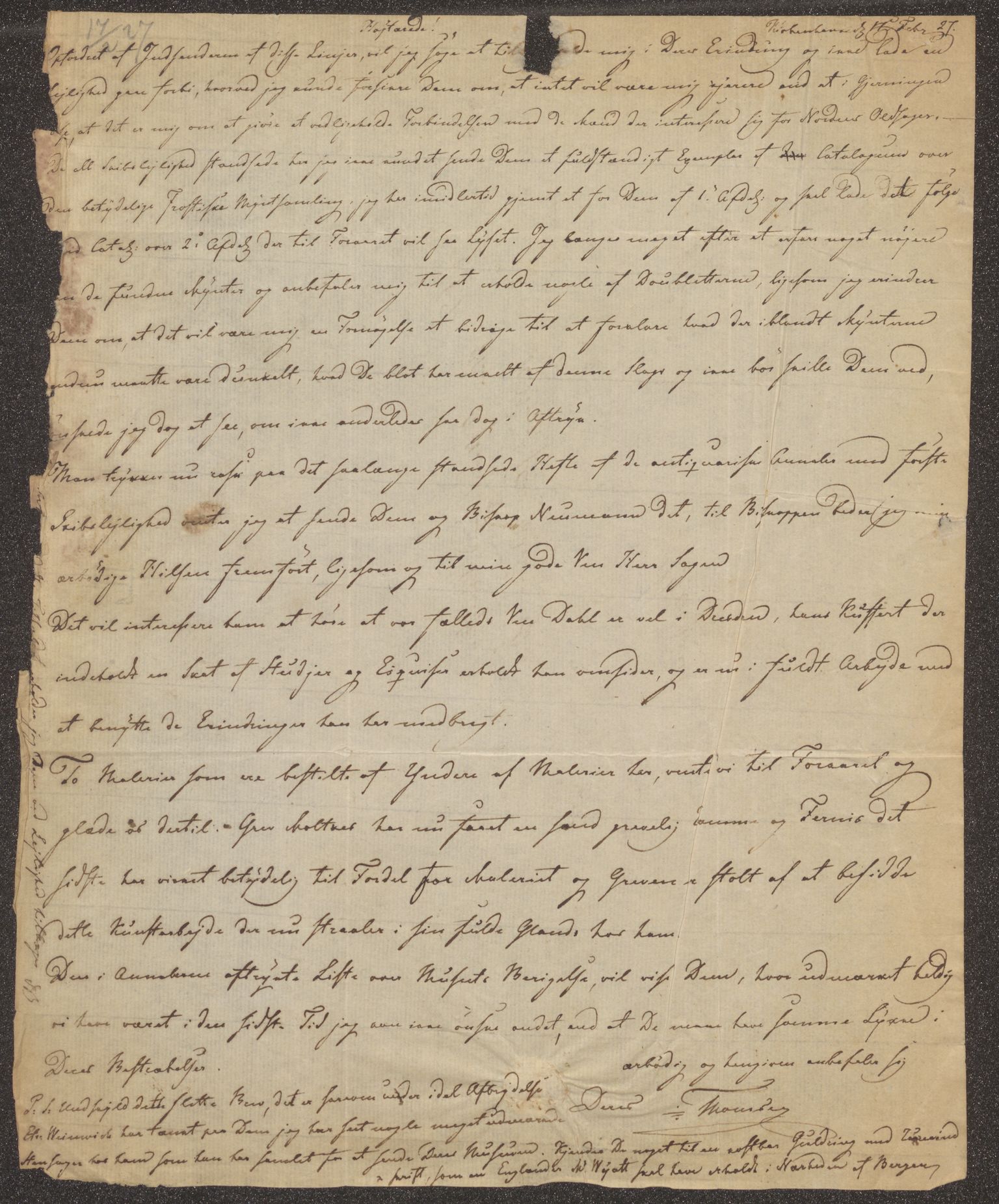 Bergens Museum, UMB/A007/D/Da/L0002/0001: Innkommende brev 1827 / Innkommende brev 1827, 1827