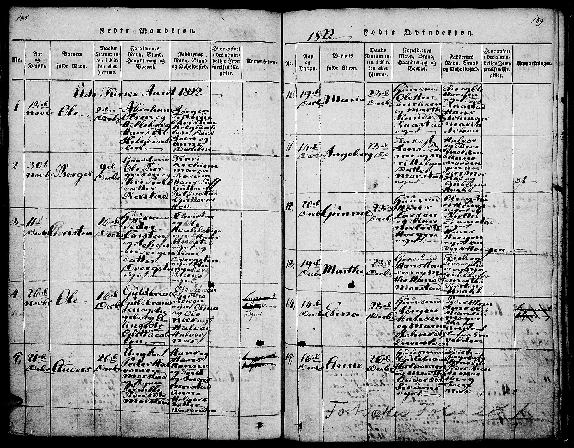 Gran prestekontor, AV/SAH-PREST-112/H/Ha/Haa/L0009: Parish register (official) no. 9, 1815-1824, p. 188-189