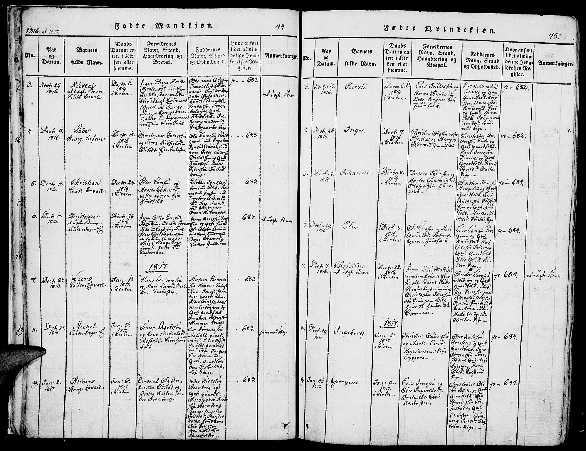 Romedal prestekontor, AV/SAH-PREST-004/K/L0002: Parish register (official) no. 2, 1814-1828, p. 44-45