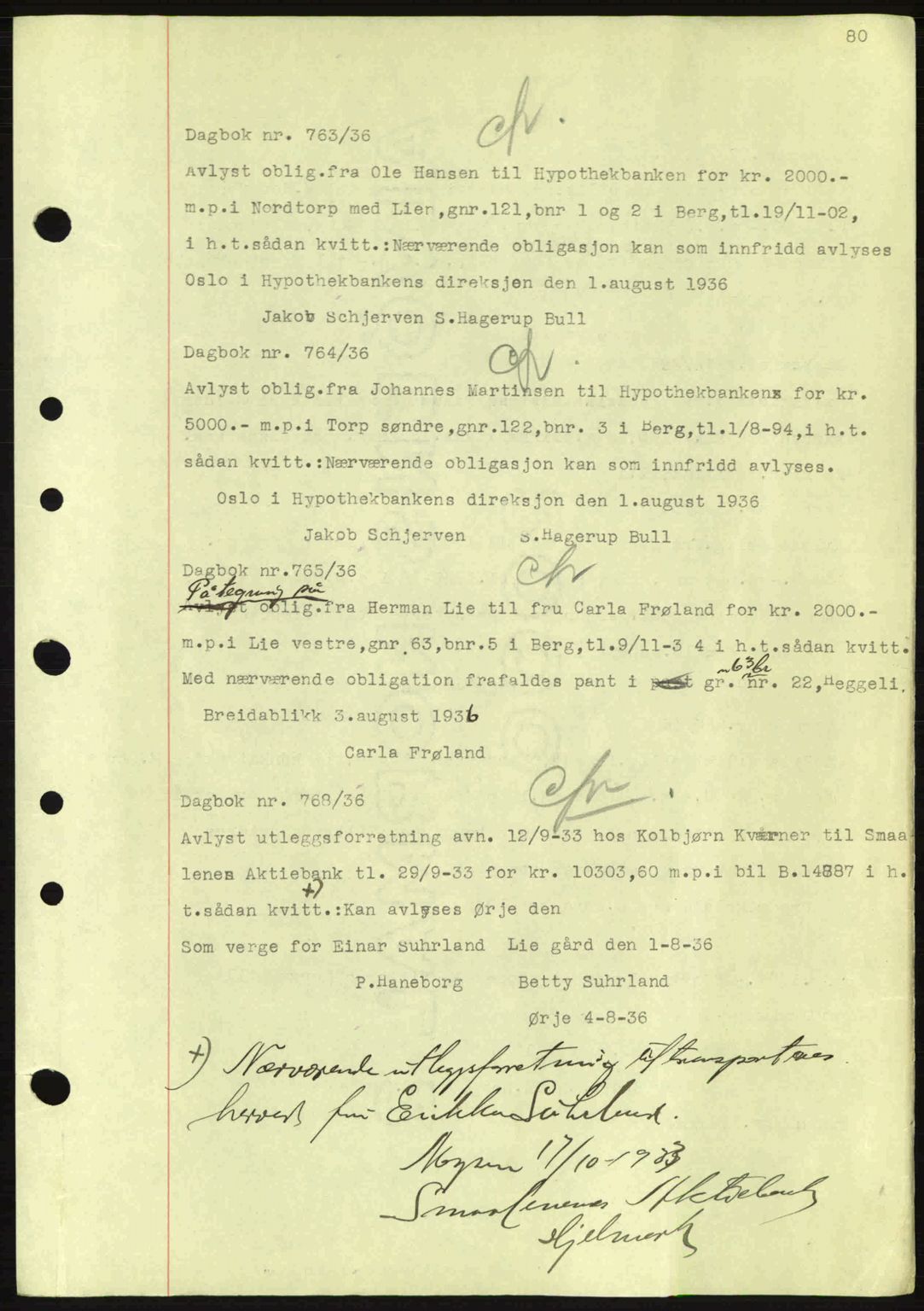 Idd og Marker sorenskriveri, AV/SAO-A-10283/G/Gb/Gbc/L0001: Mortgage book no. B1-3, 1936-1939, Diary no: : 763/1936