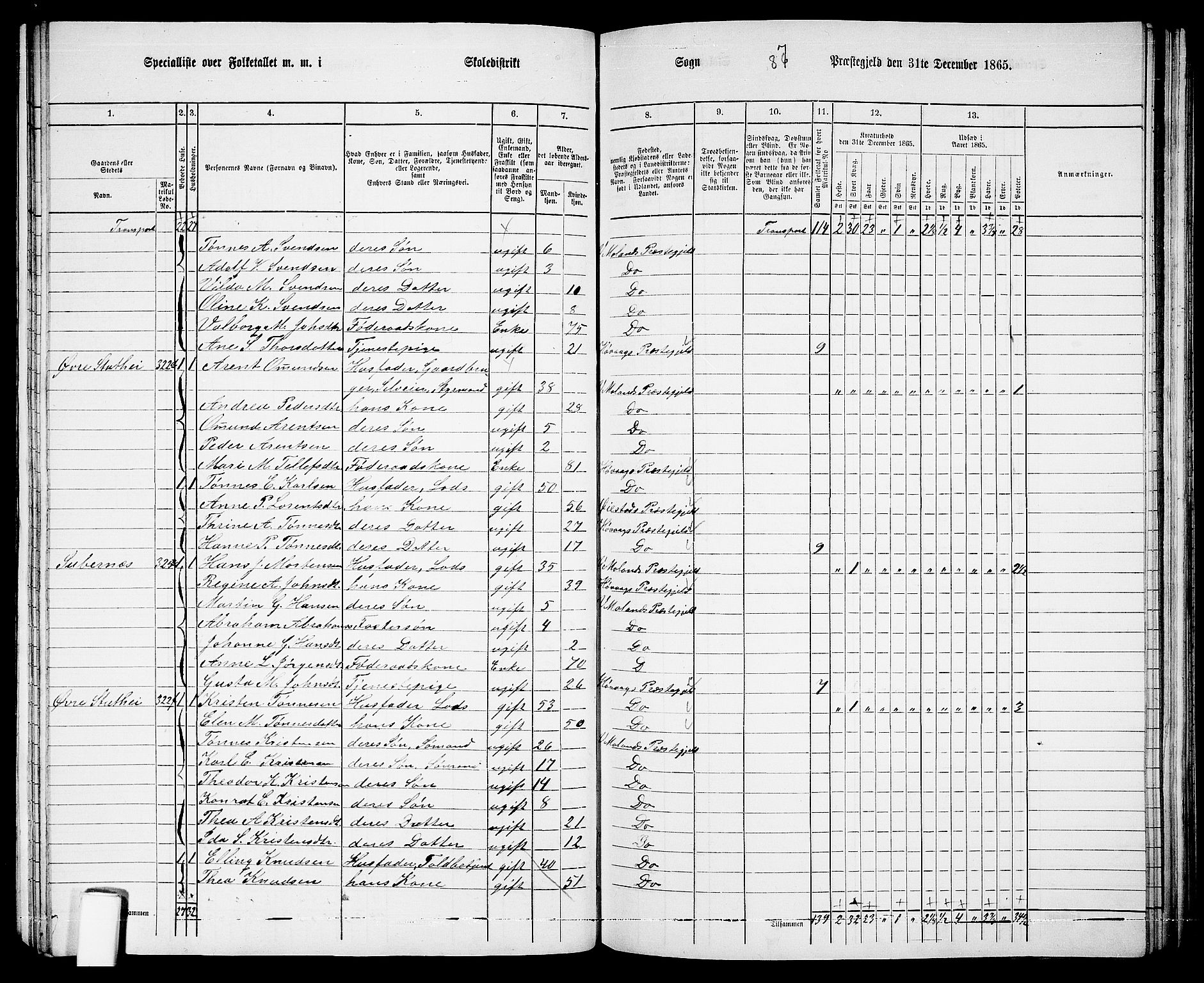 RA, 1865 census for Vestre Moland/Vestre Moland, 1865, p. 21