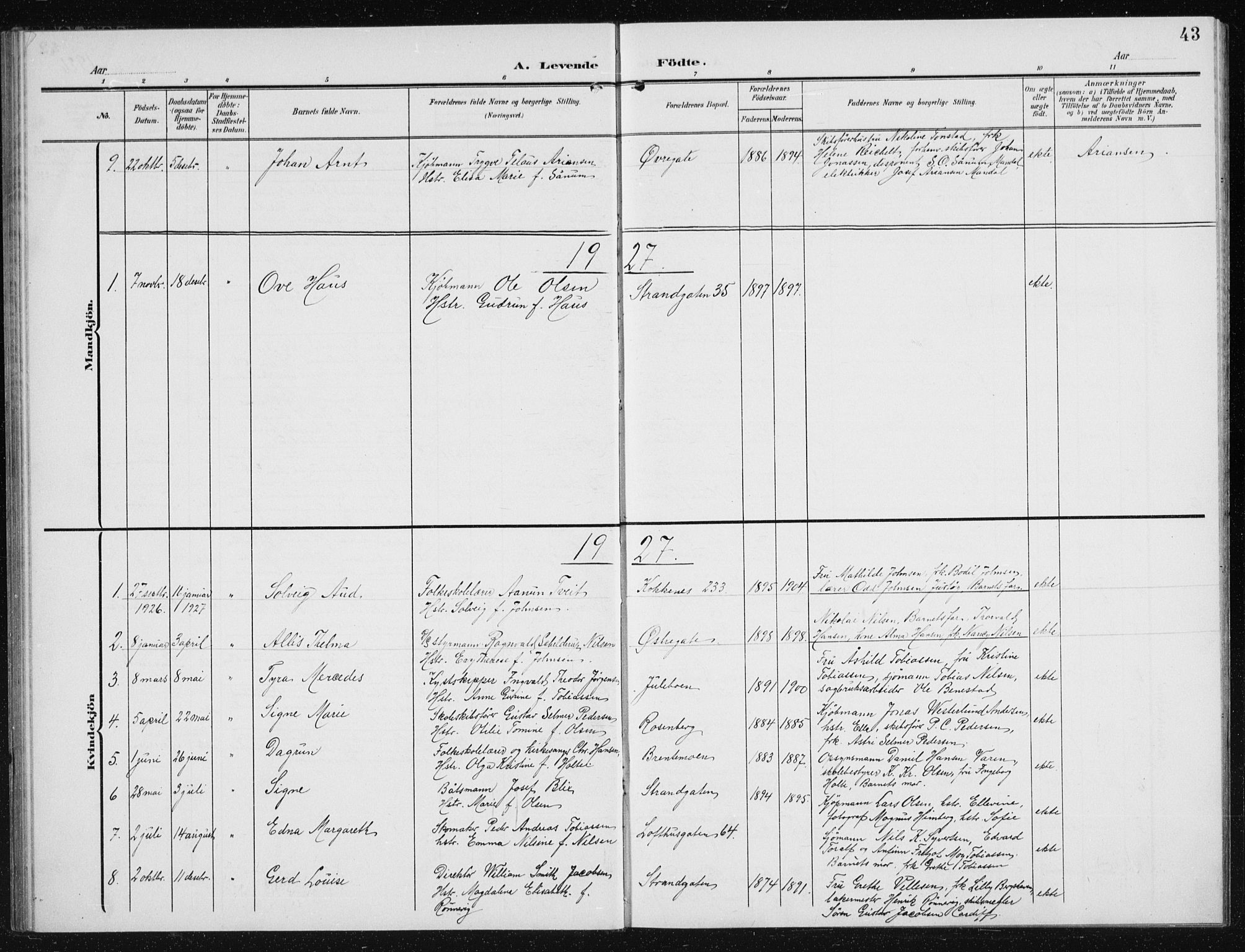 Vestre Moland sokneprestkontor, AV/SAK-1111-0046/F/Fb/Fba/L0002: Parish register (copy) no. B 2, 1904-1934, p. 43