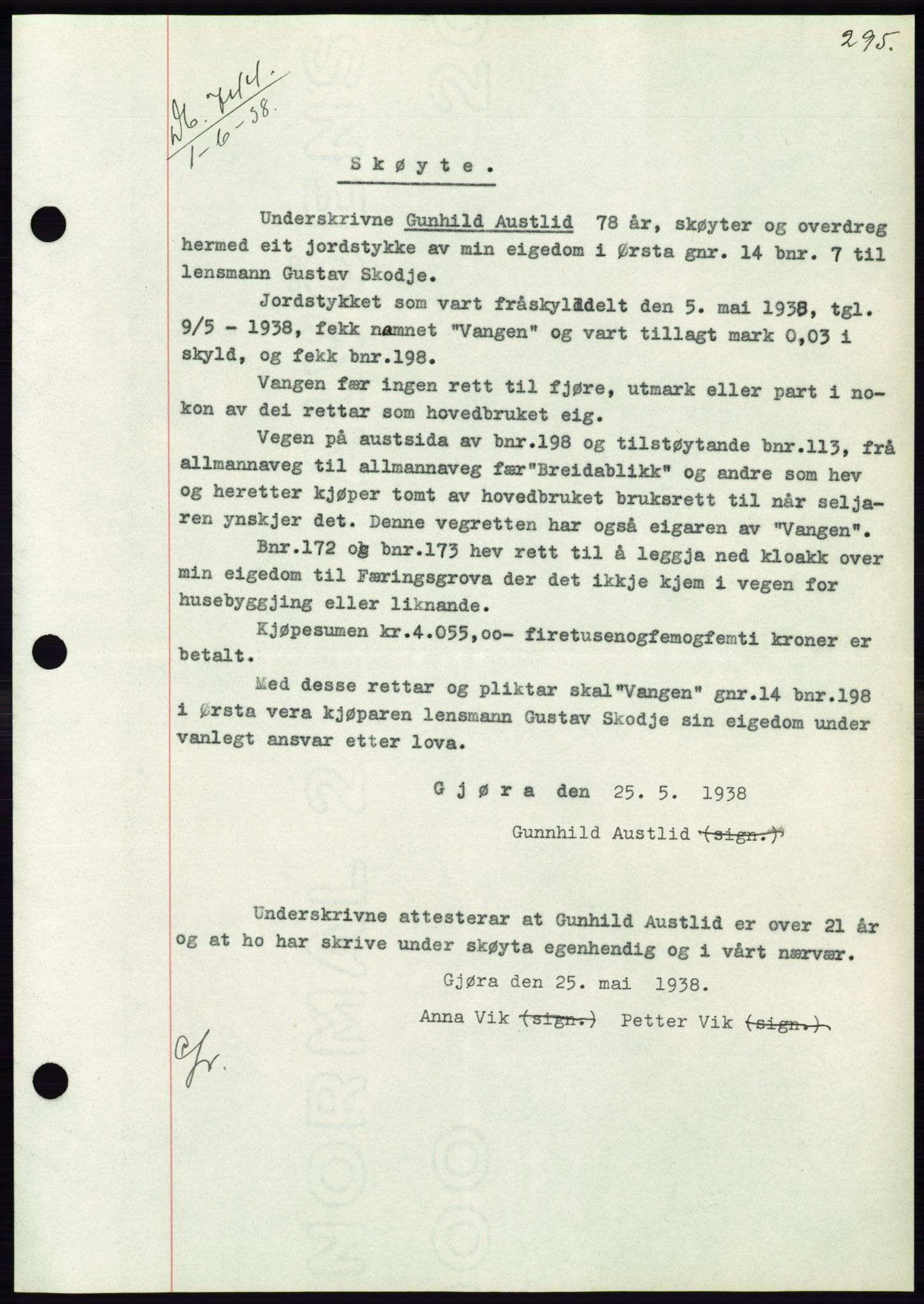 Søre Sunnmøre sorenskriveri, AV/SAT-A-4122/1/2/2C/L0065: Mortgage book no. 59, 1938-1938, Diary no: : 744/1938