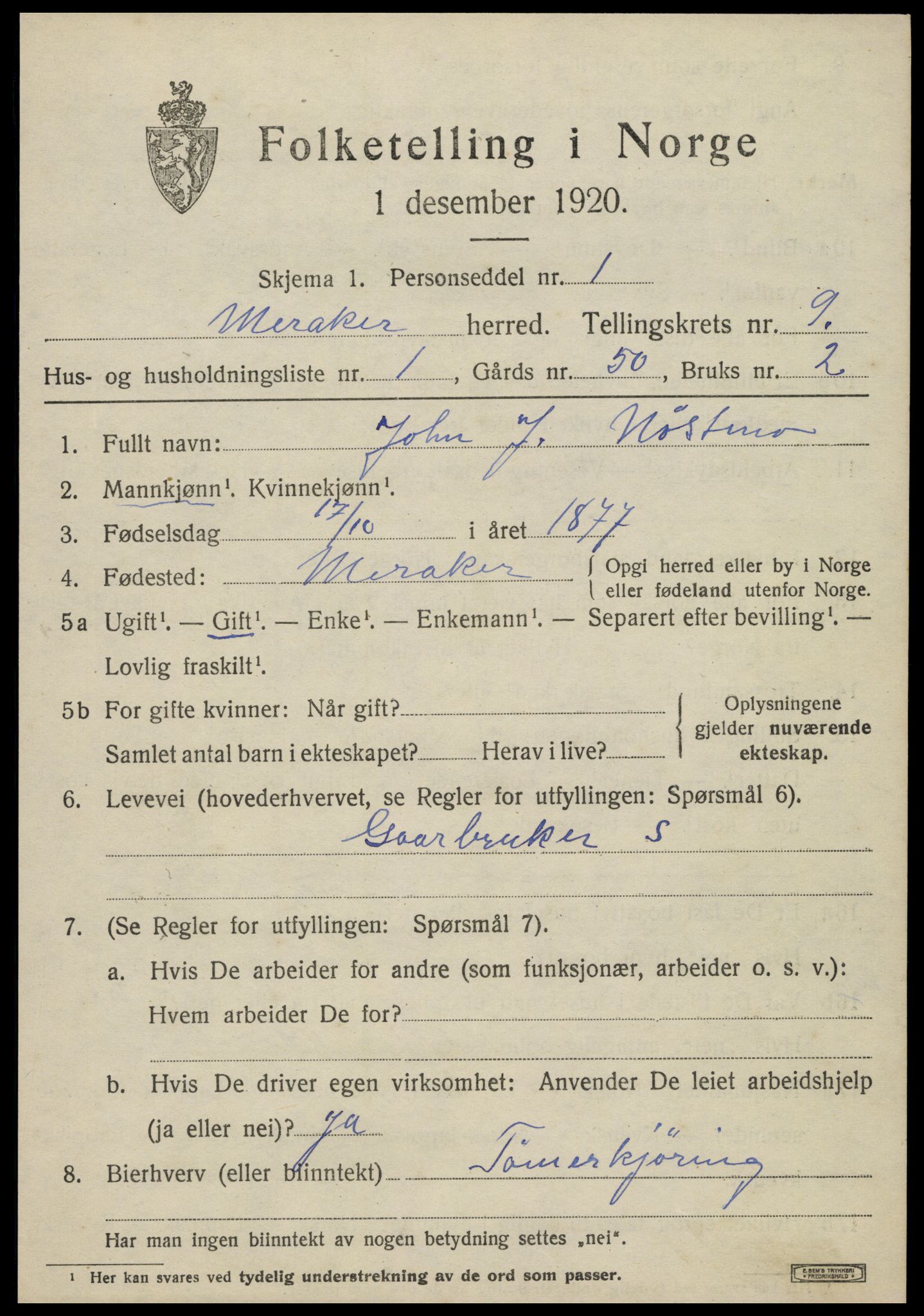 SAT, 1920 census for Meråker, 1920, p. 6214