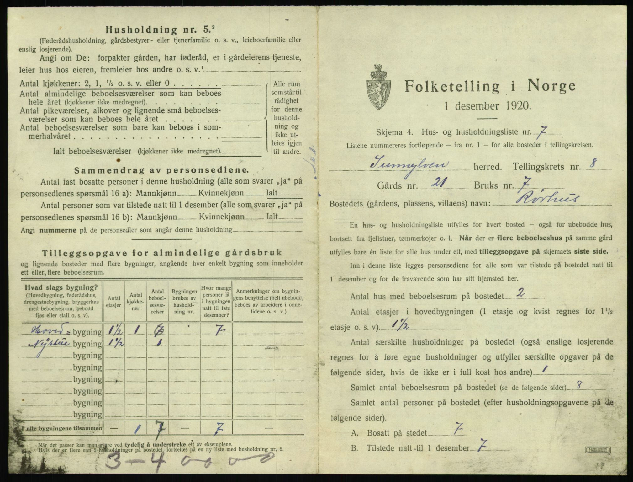 SAT, 1920 census for Sunnylven, 1920, p. 412