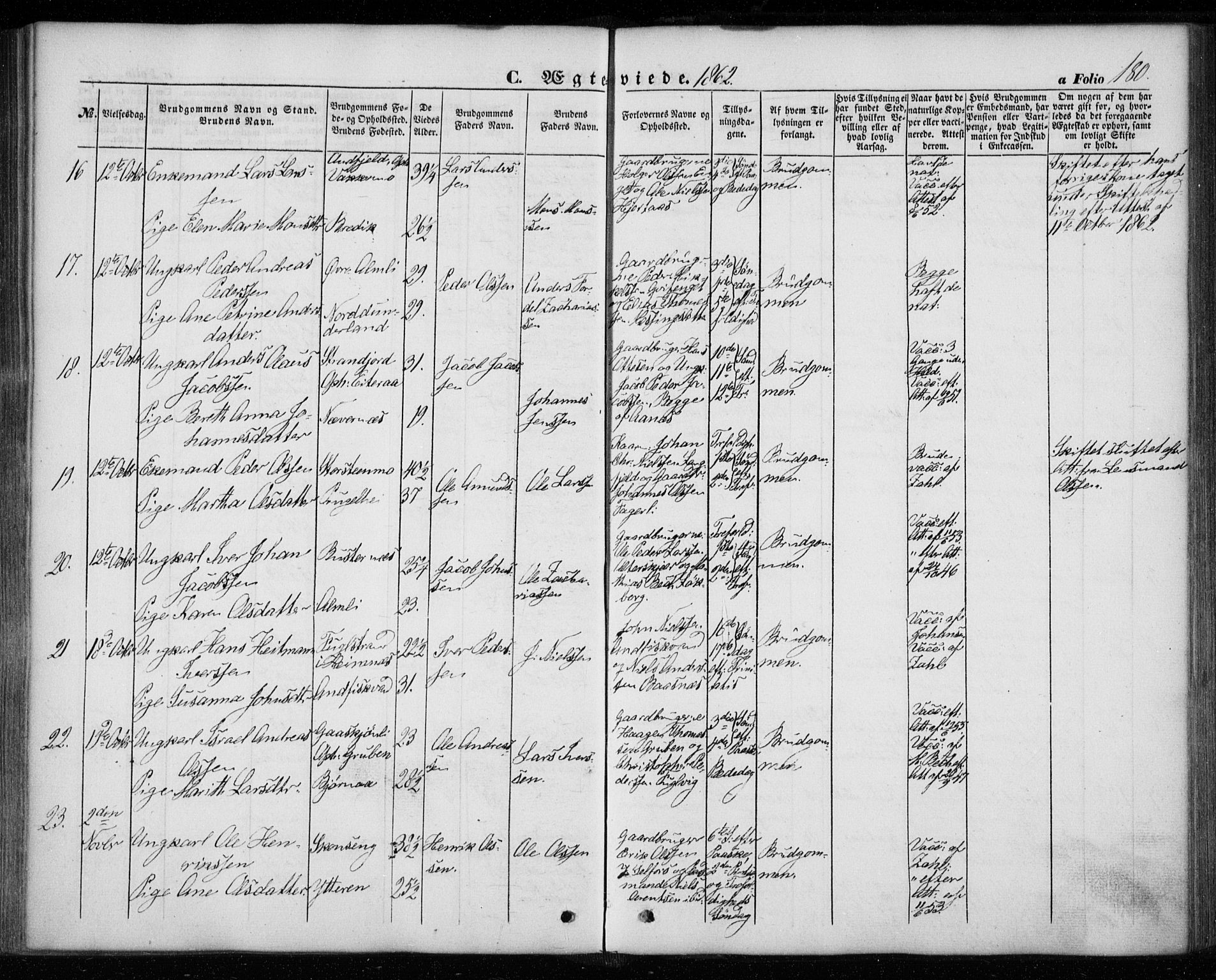 Ministerialprotokoller, klokkerbøker og fødselsregistre - Nordland, SAT/A-1459/827/L0392: Parish register (official) no. 827A04, 1853-1866, p. 180