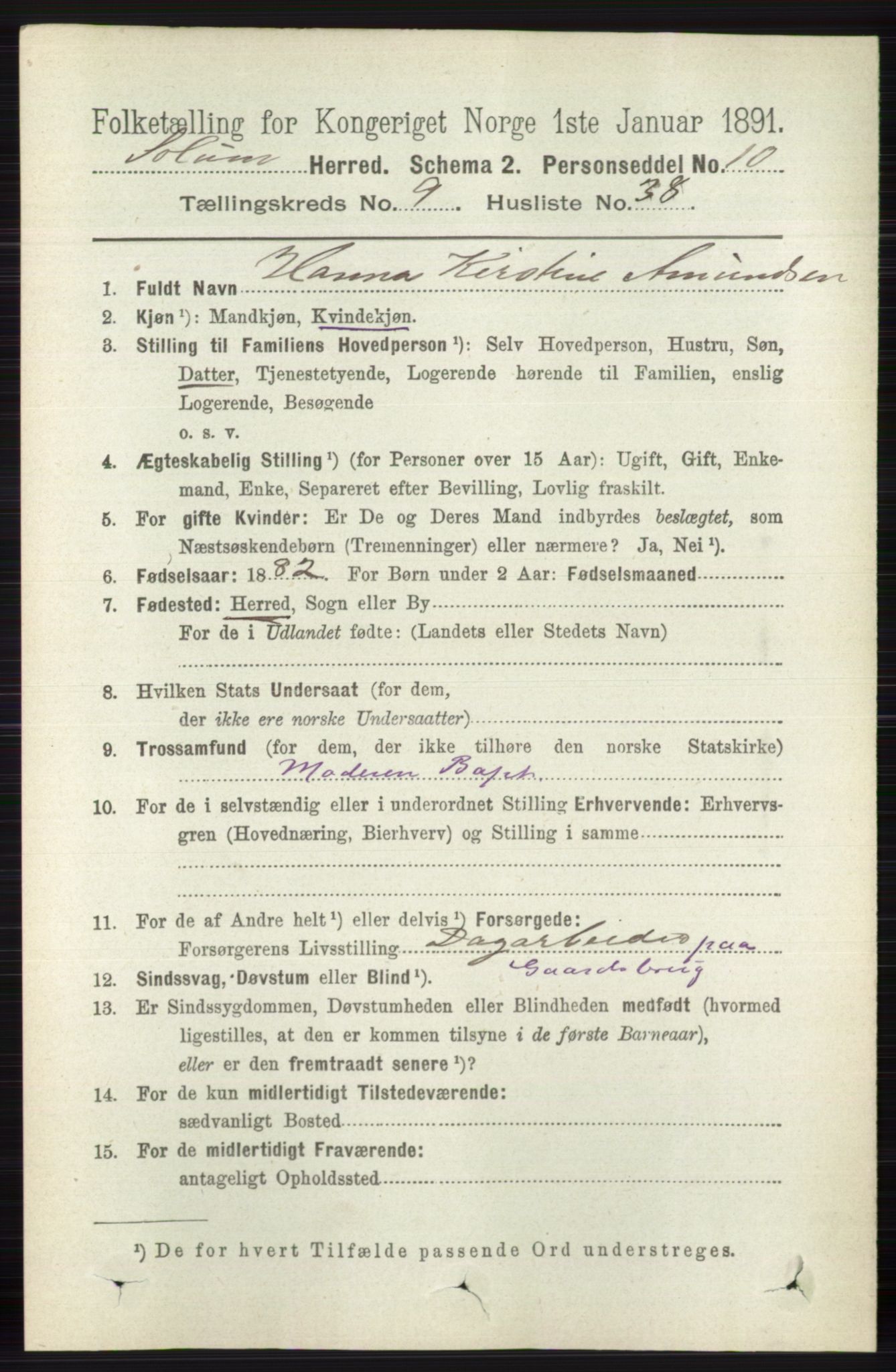 RA, 1891 census for 0818 Solum, 1891, p. 2179