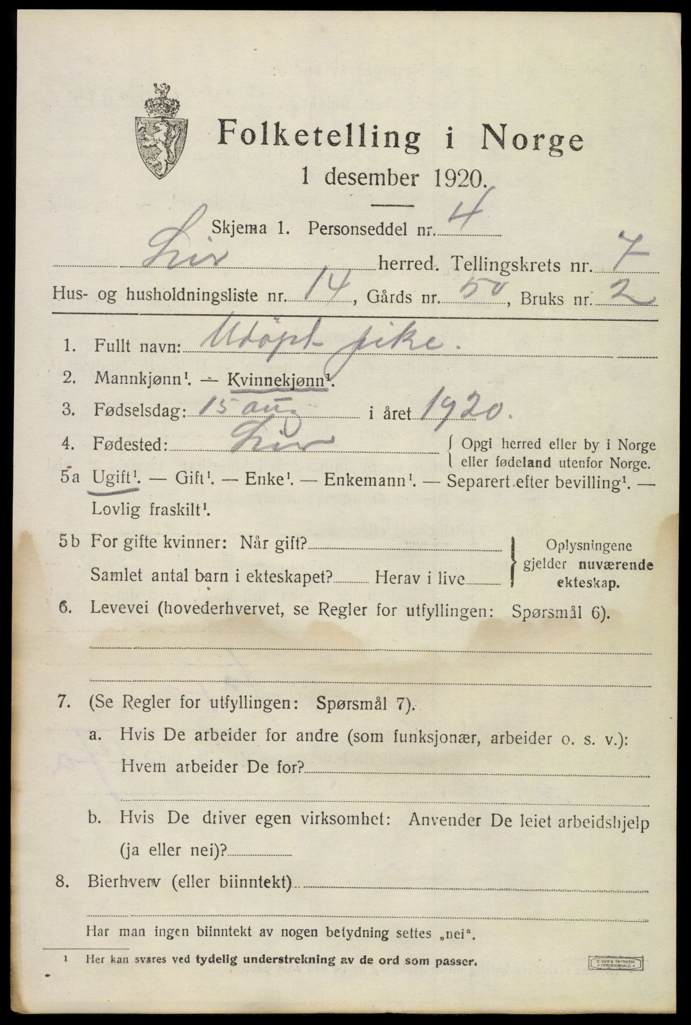 SAKO, 1920 census for Lier, 1920, p. 12680