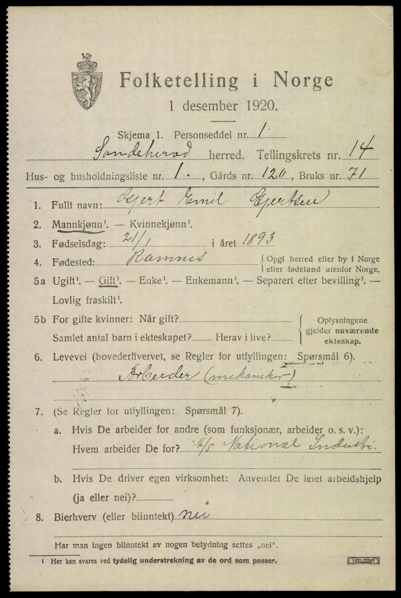 SAKO, 1920 census for Sandeherred, 1920, p. 20174