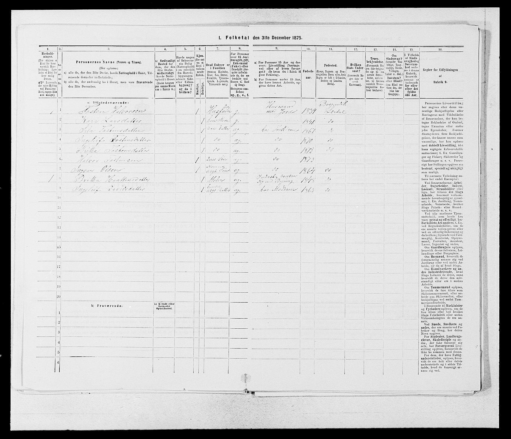 SAB, 1875 census for 1422P Lærdal, 1875, p. 1074