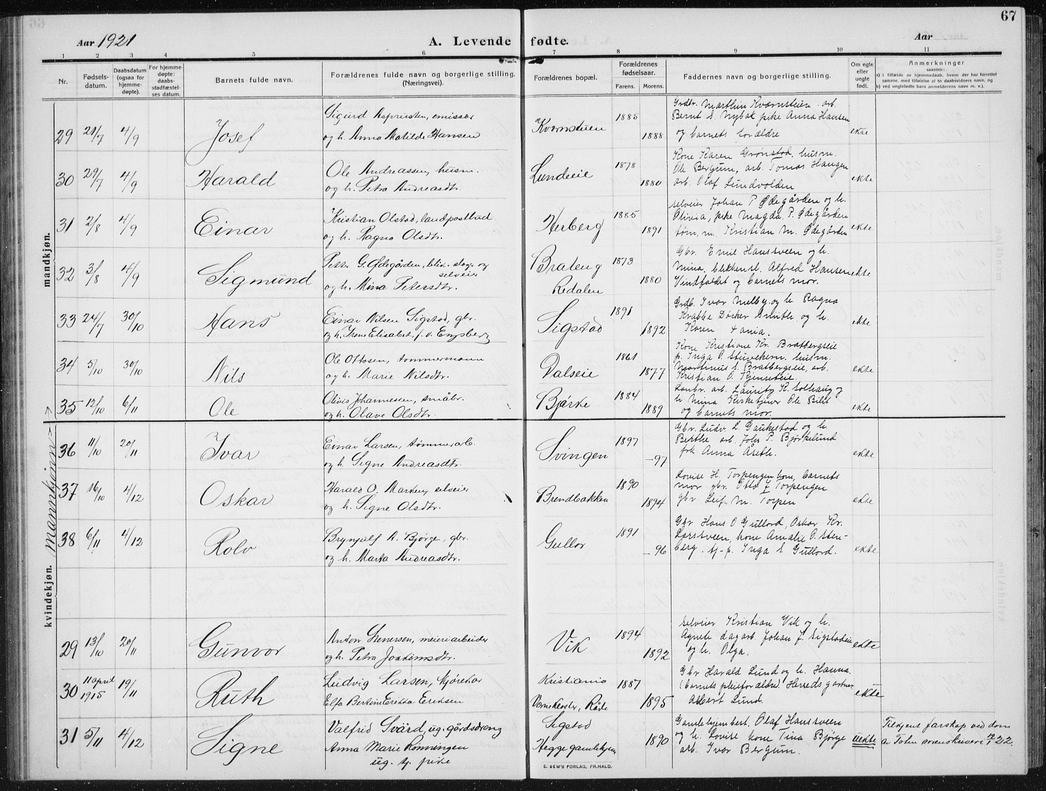 Biri prestekontor, SAH/PREST-096/H/Ha/Hab/L0006: Parish register (copy) no. 6, 1909-1938, p. 67