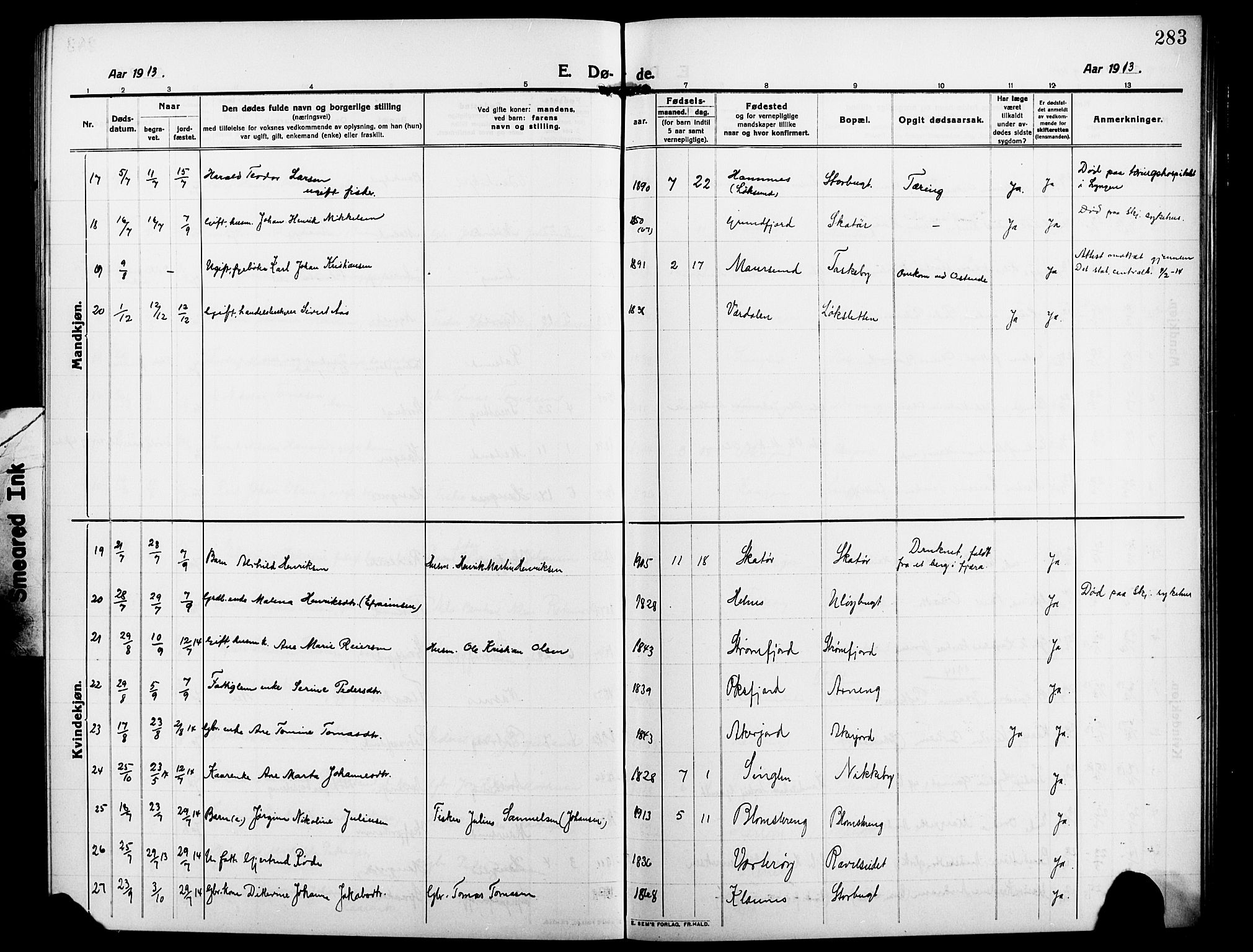 Skjervøy sokneprestkontor, SATØ/S-1300/H/Ha/Hab/L0009klokker: Parish register (copy) no. 9, 1911-1926, p. 283