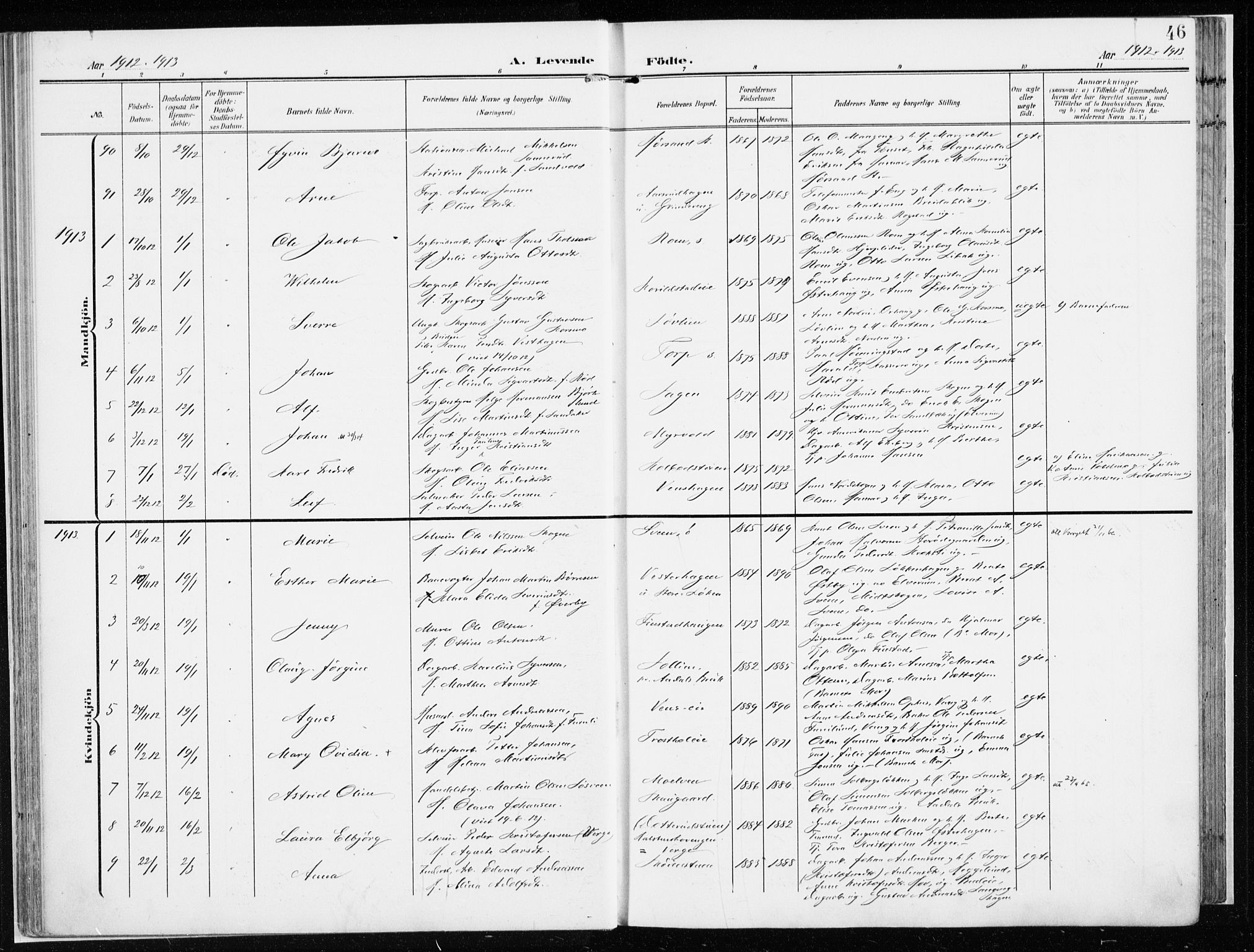 Løten prestekontor, SAH/PREST-022/K/Ka/L0011: Parish register (official) no. 11, 1908-1917, p. 46