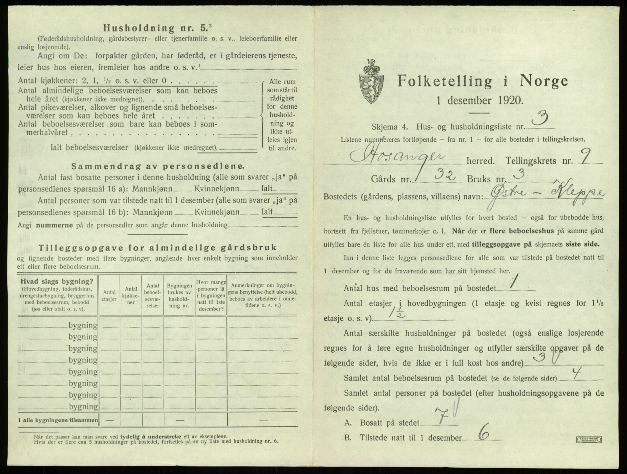 SAB, 1920 census for Hosanger, 1920, p. 493