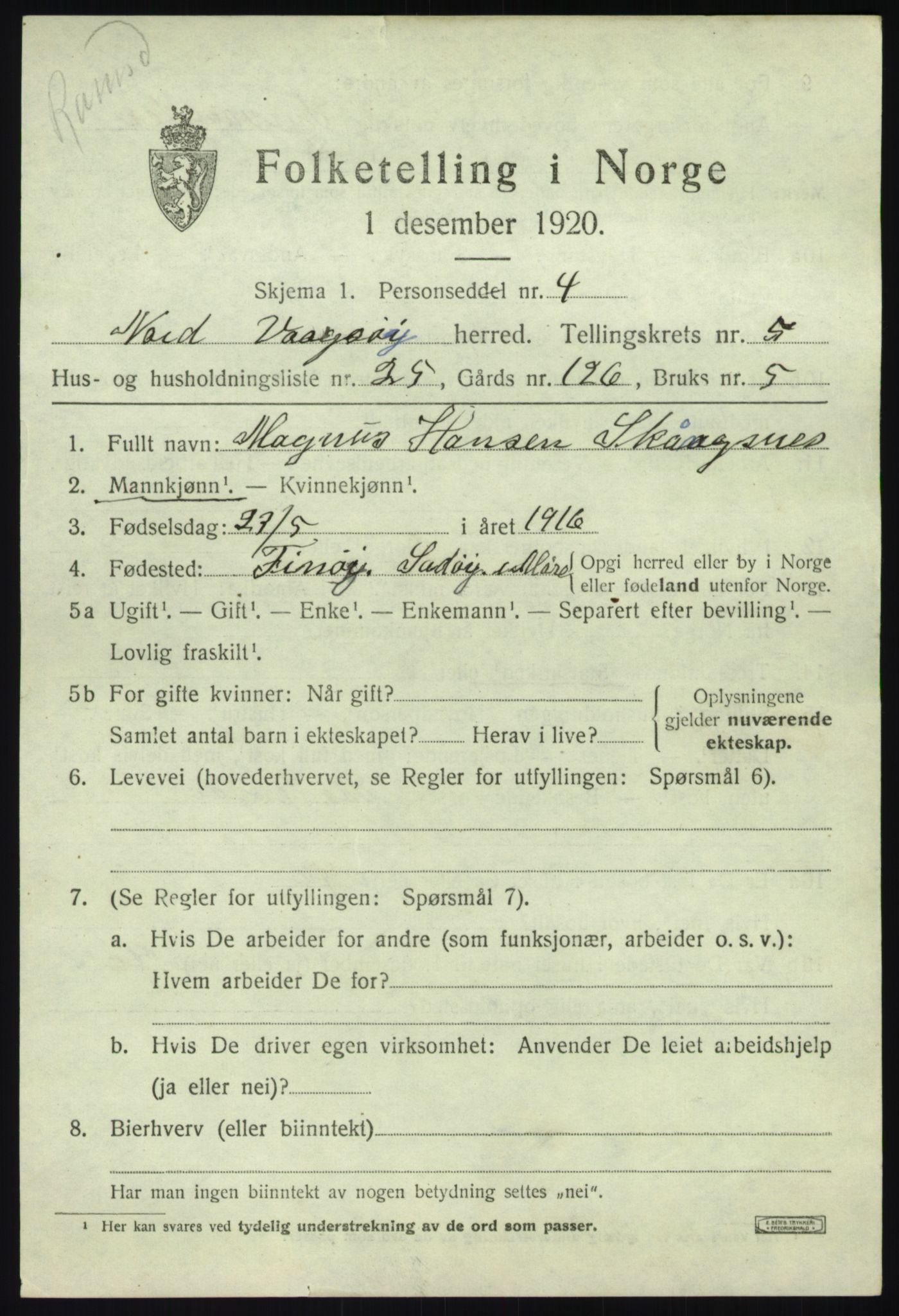 SAB, 1920 census for Nord-Vågsøy, 1920, p. 2250