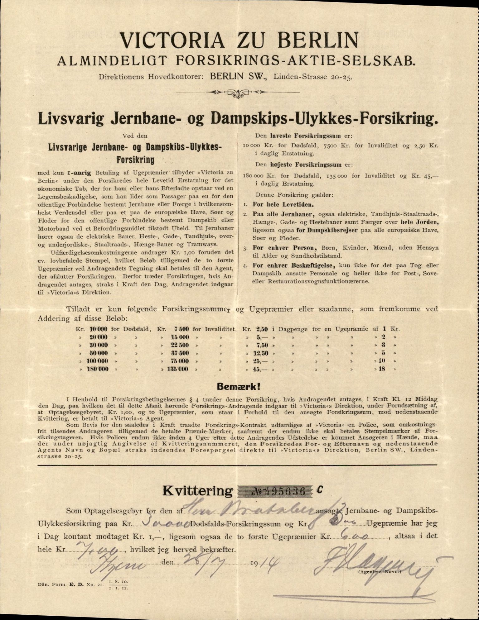 Bård Toldnes samling - lokalia fra Levanger, TIKA/PA-1549/F/L0002: B. M. Bratsberg - forsikringer, 1914-1915