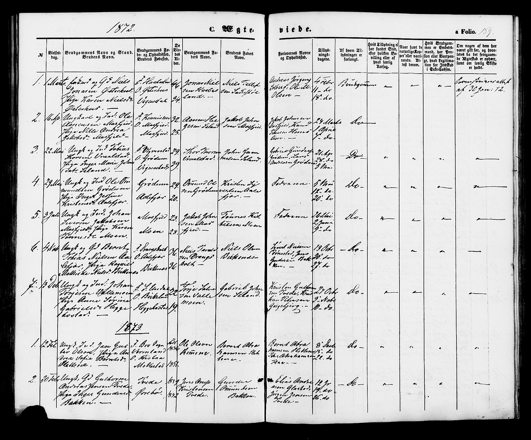 Birkenes sokneprestkontor, AV/SAK-1111-0004/F/Fa/L0004: Parish register (official) no. A 4, 1867-1886, p. 159