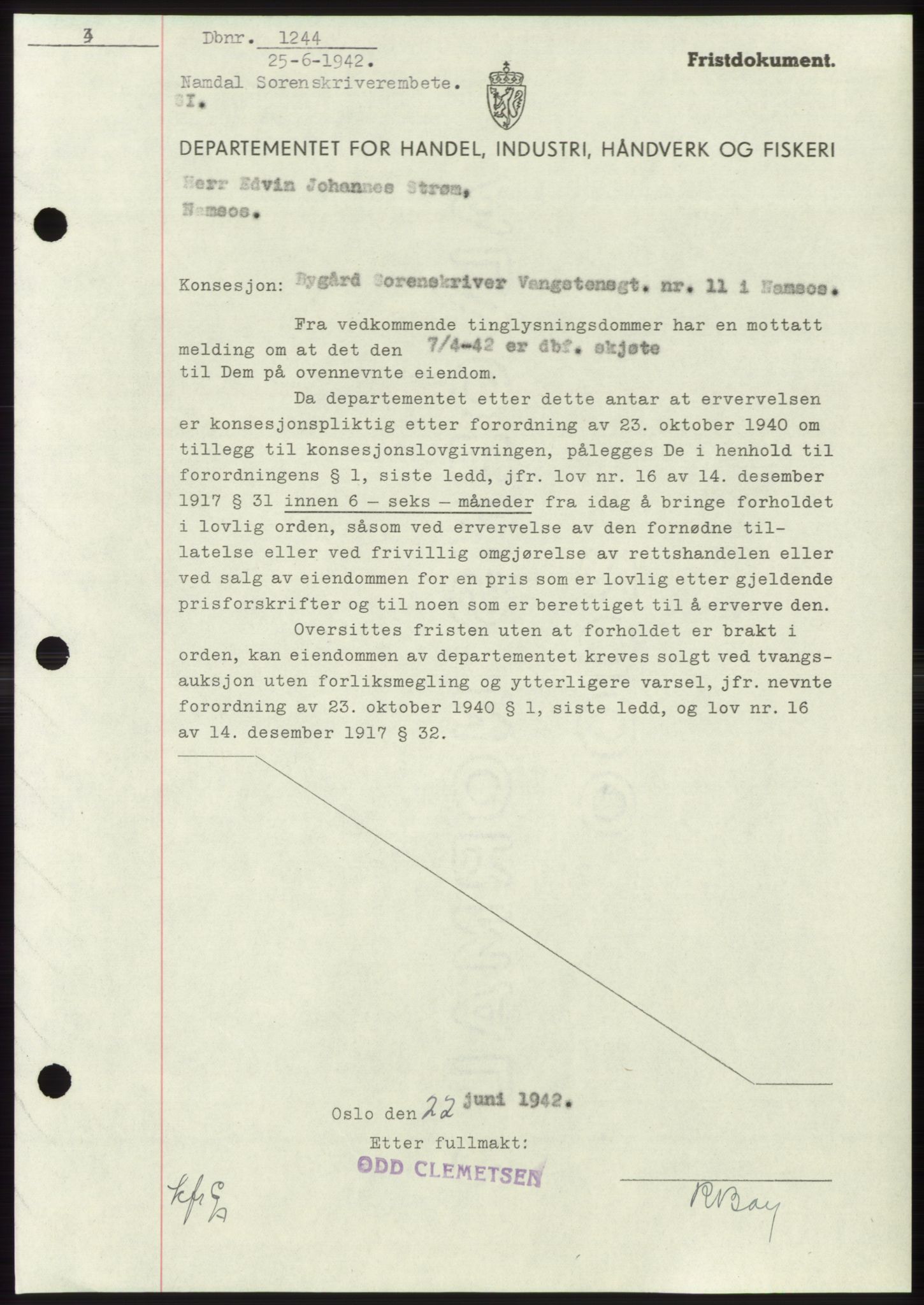 Namdal sorenskriveri, SAT/A-4133/1/2/2C: Mortgage book no. -, 1941-1942, Diary no: : 1244/1942